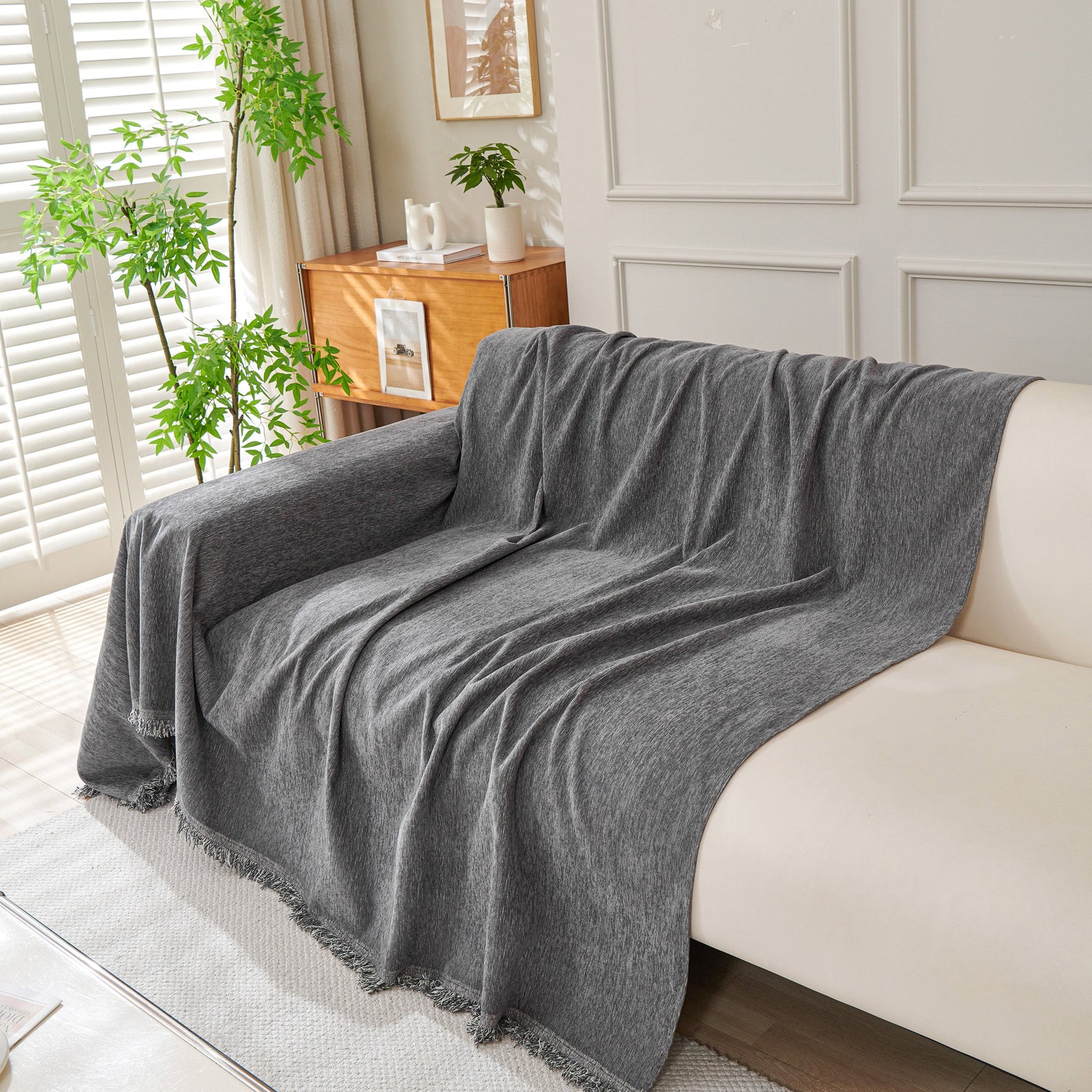 Solid Color Chenille Sofa Throw Blanket, Cozy & Easy Care Fringed Furniture Protector