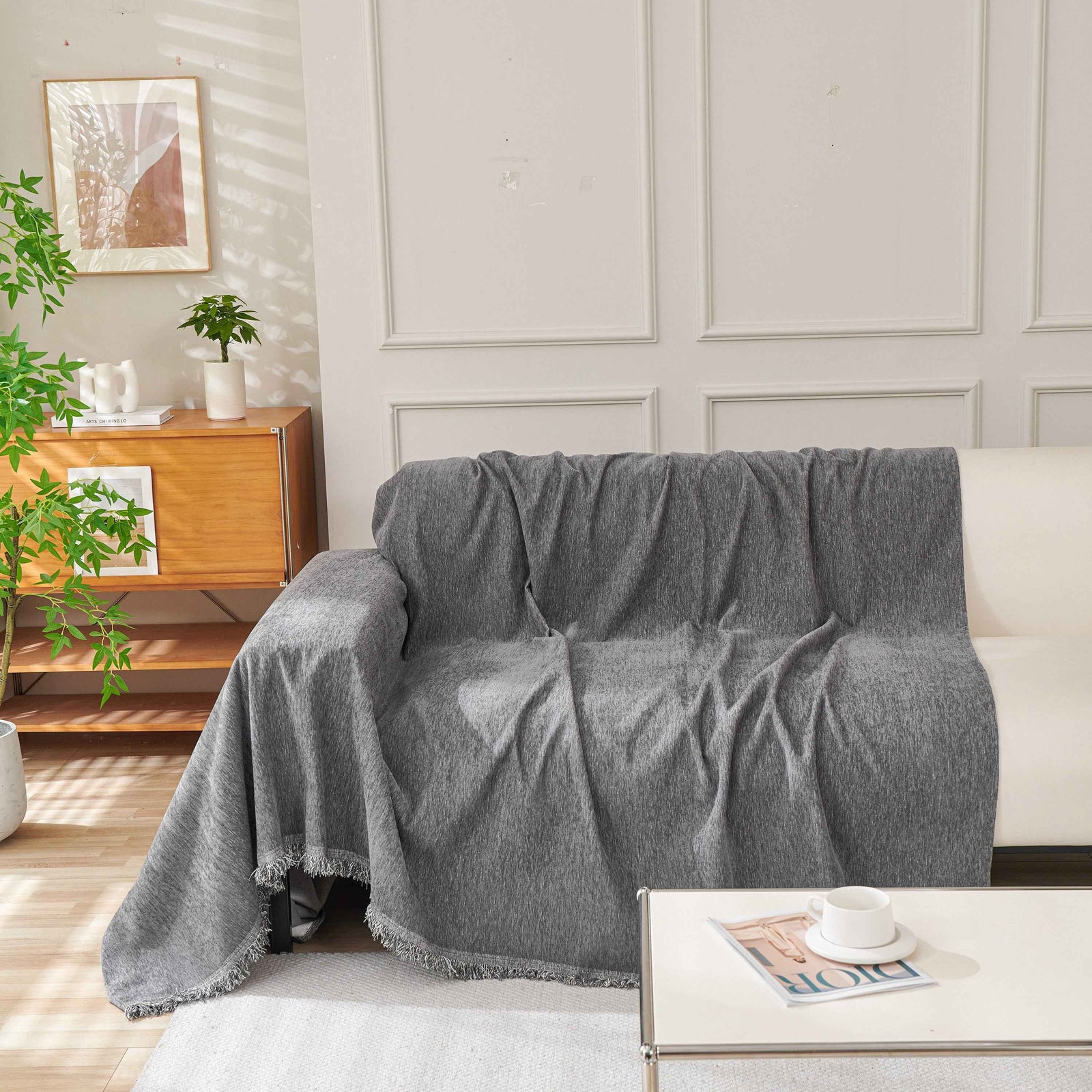Solid Color Chenille Sofa Throw Blanket, Cozy & Easy Care Fringed Furniture Protector