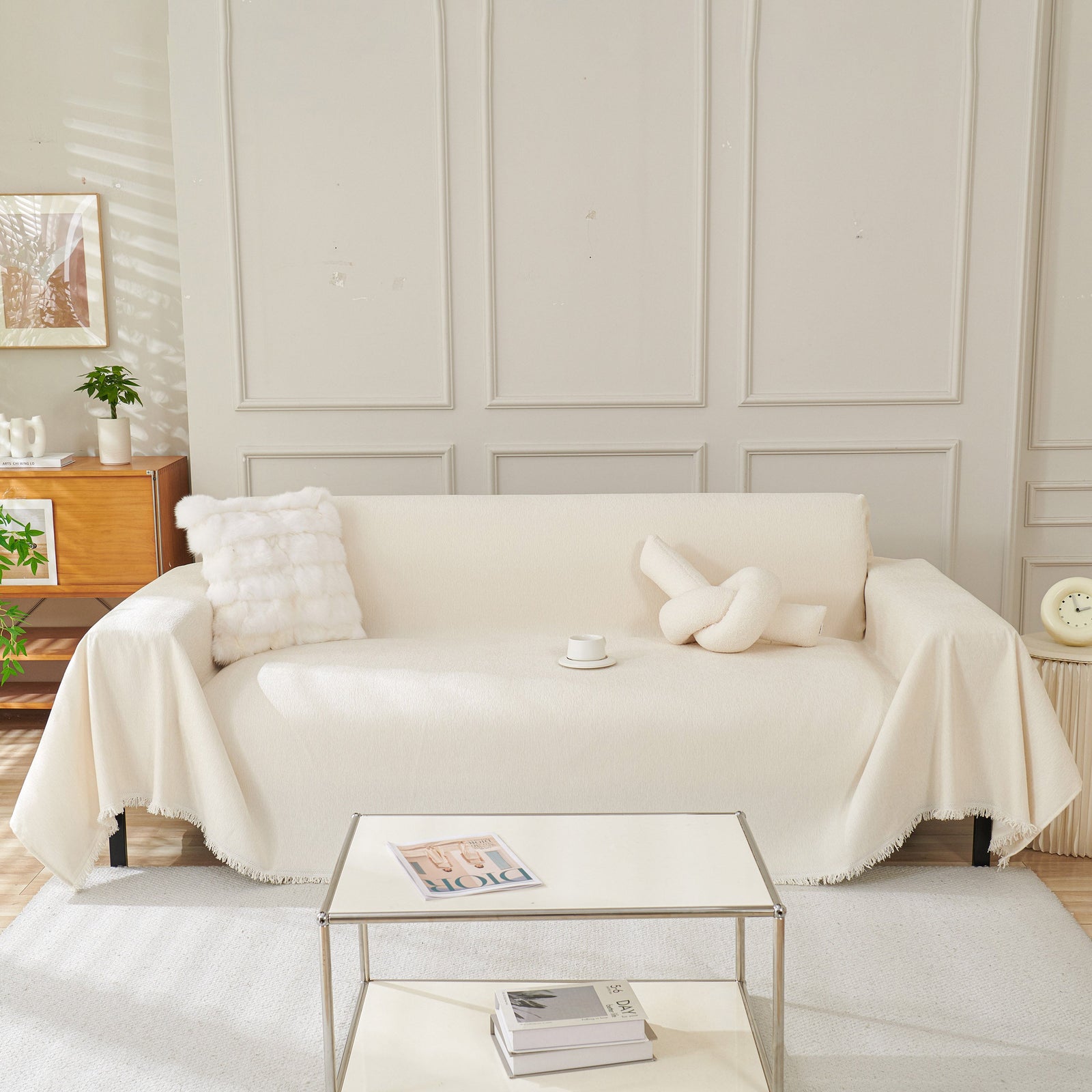 Solid Color Chenille Sofa Throw Blanket, Cozy & Easy Care Fringed Furniture Protector