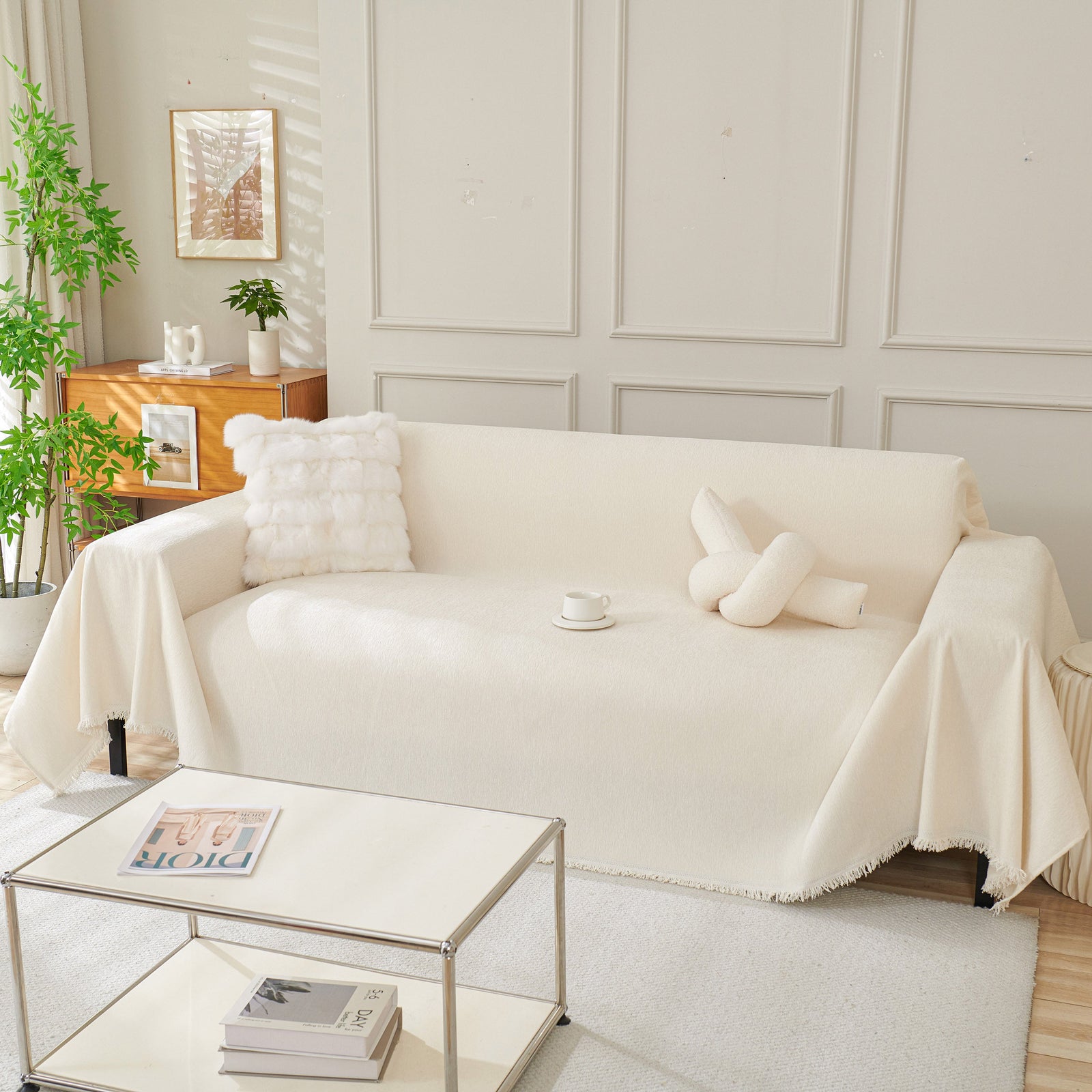 Solid Color Chenille Sofa Throw Blanket, Cozy & Easy Care Fringed Furniture Protector