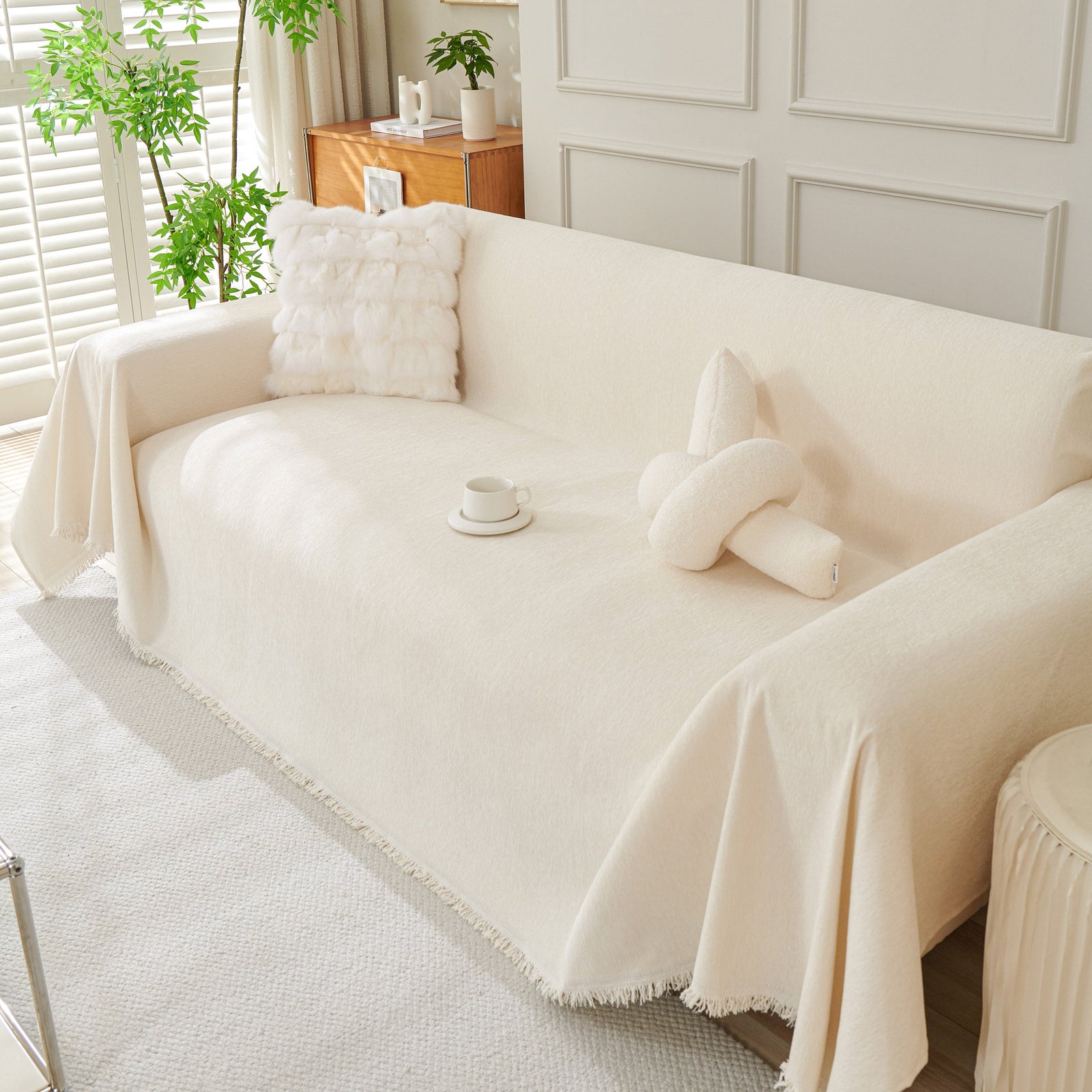 Solid Color Chenille Sofa Throw Blanket, Cozy & Easy Care Fringed Furniture Protector