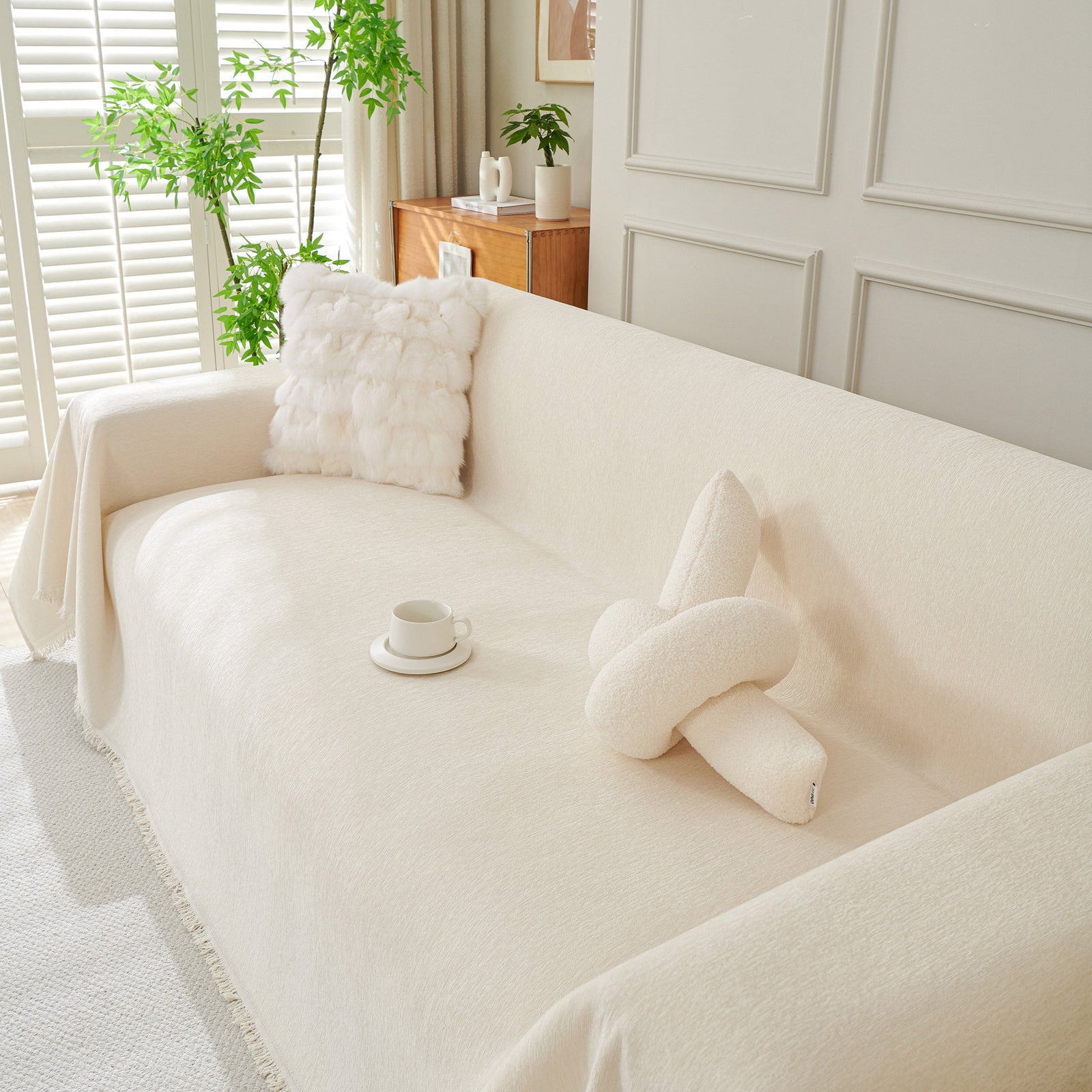 Solid Color Chenille Sofa Throw Blanket, Cozy & Easy Care Fringed Furniture Protector