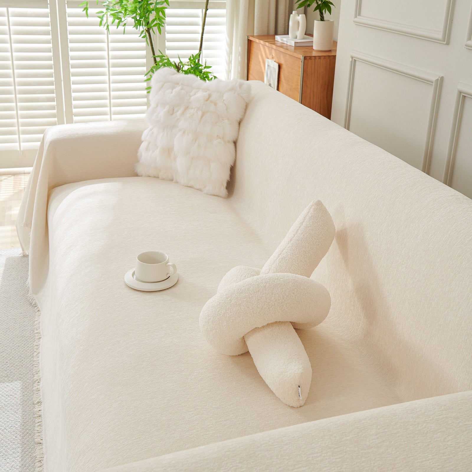 Solid Color Chenille Sofa Throw Blanket, Cozy & Easy Care Fringed Furniture Protector