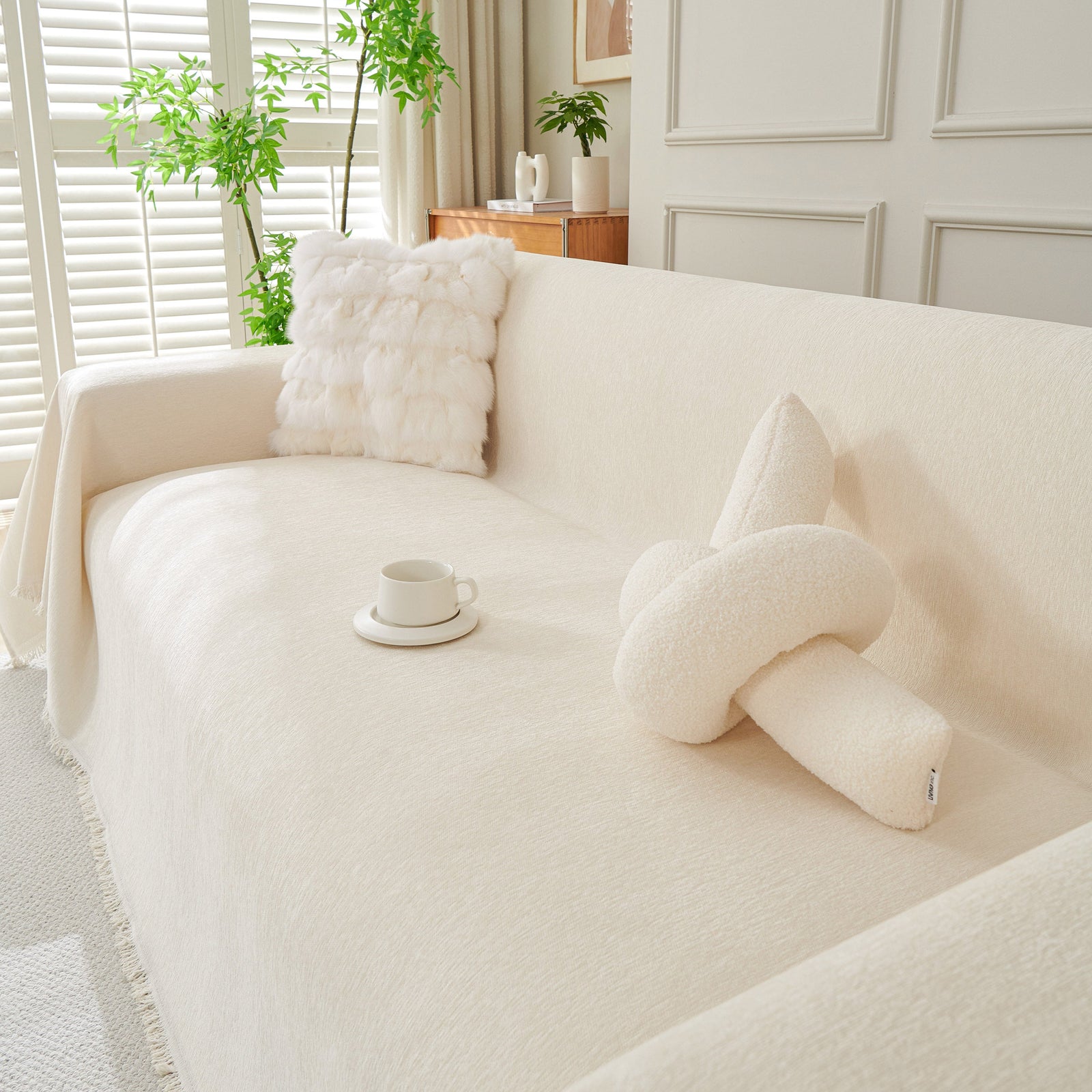 Solid Color Chenille Sofa Throw Blanket, Cozy & Easy Care Fringed Furniture Protector