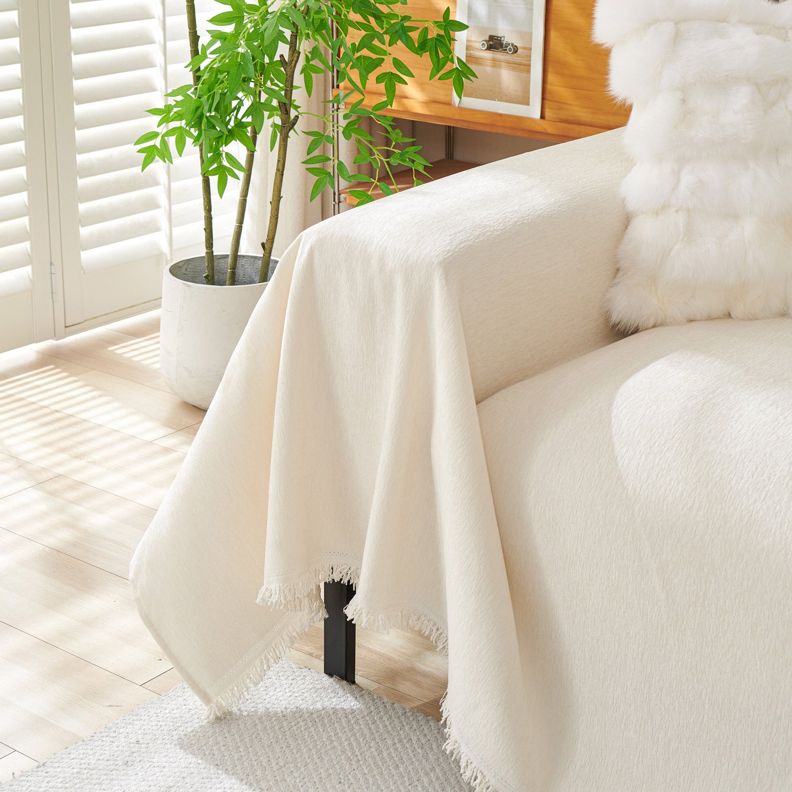 Solid Color Chenille Sofa Throw Blanket, Cozy & Easy Care Fringed Furniture Protector