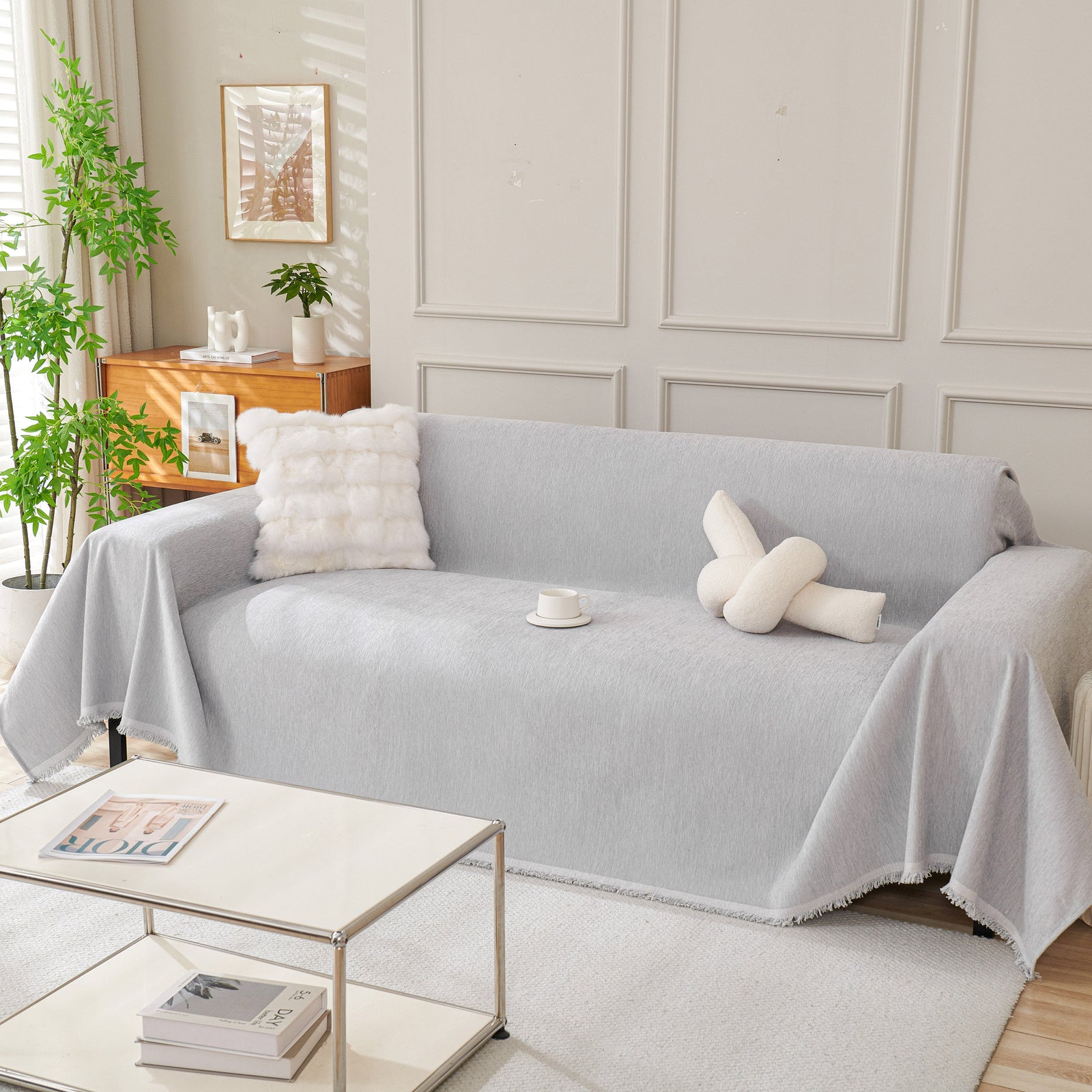 Solid Color Chenille Sofa Throw Blanket, Cozy & Easy Care Fringed Furniture Protector