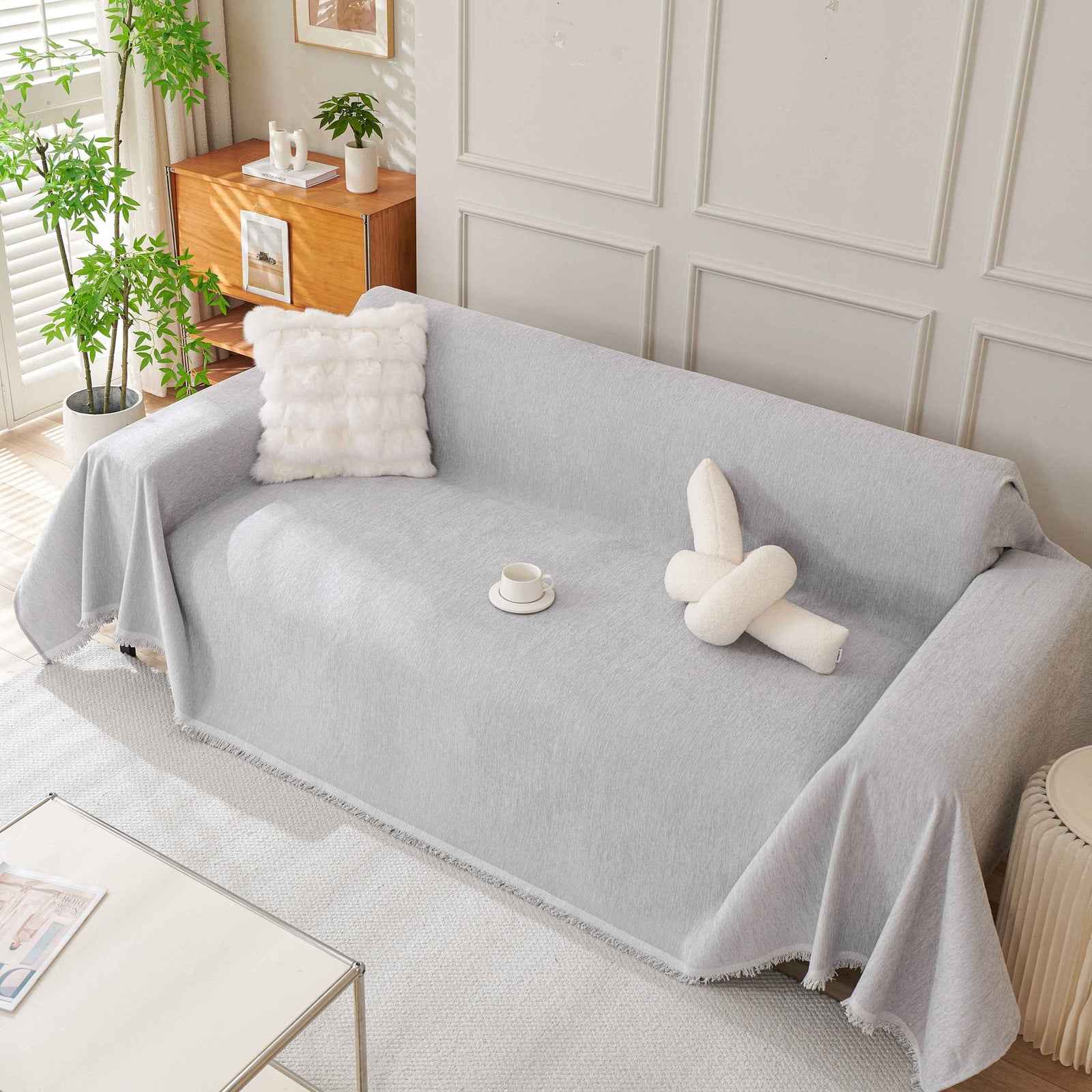 Solid Color Chenille Sofa Throw Blanket, Cozy & Easy Care Fringed Furniture Protector