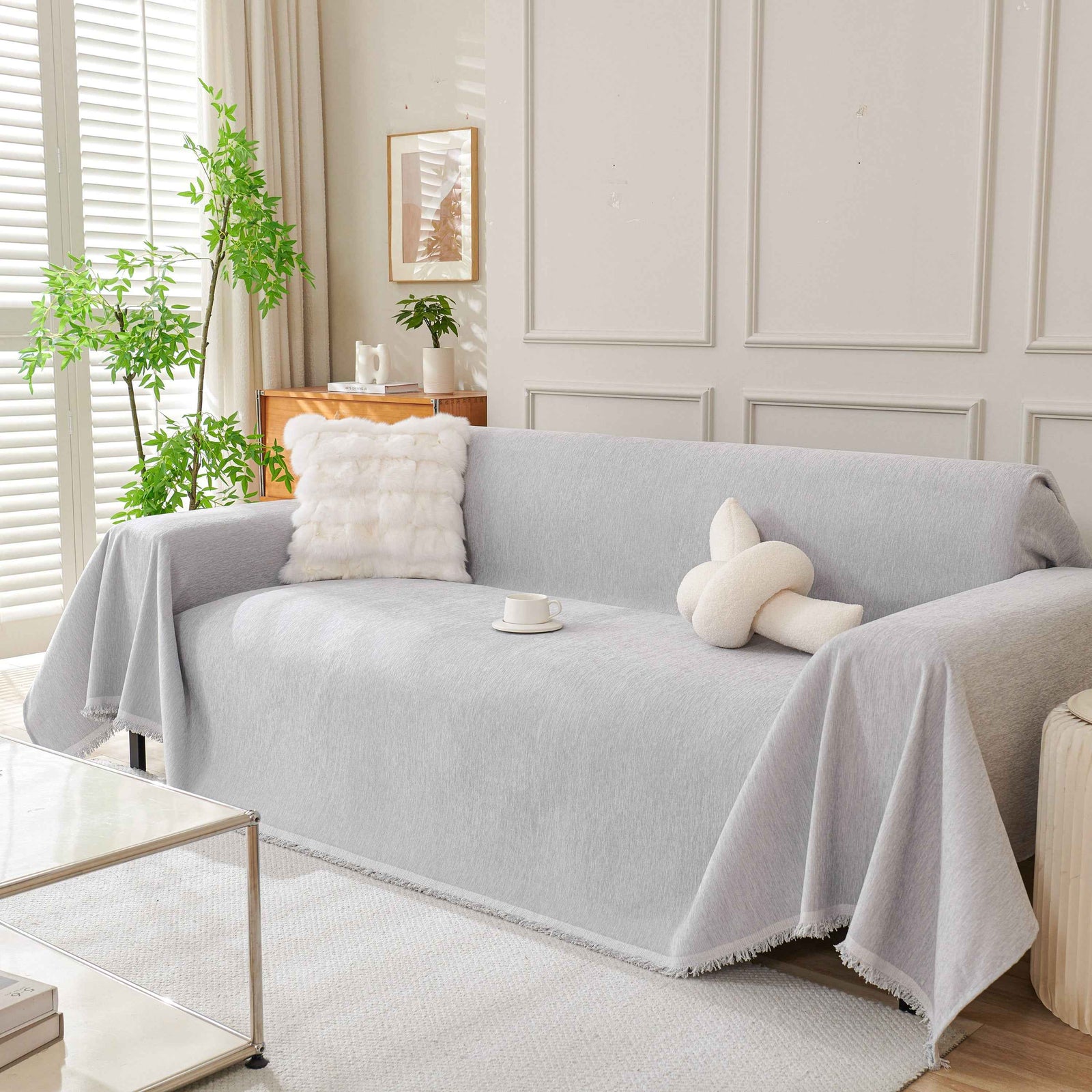 Solid Color Chenille Sofa Throw Blanket, Cozy & Easy Care Fringed Furniture Protector