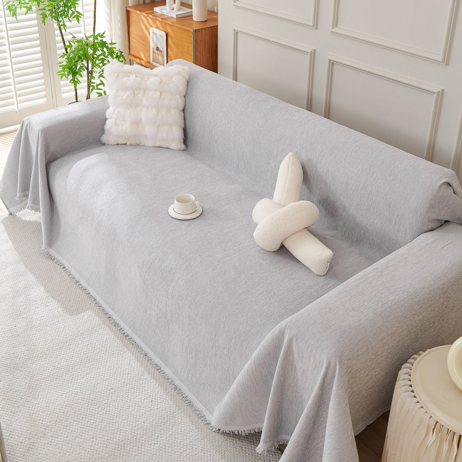 Solid Color Chenille Sofa Throw Blanket, Cozy & Easy Care Fringed Furniture Protector