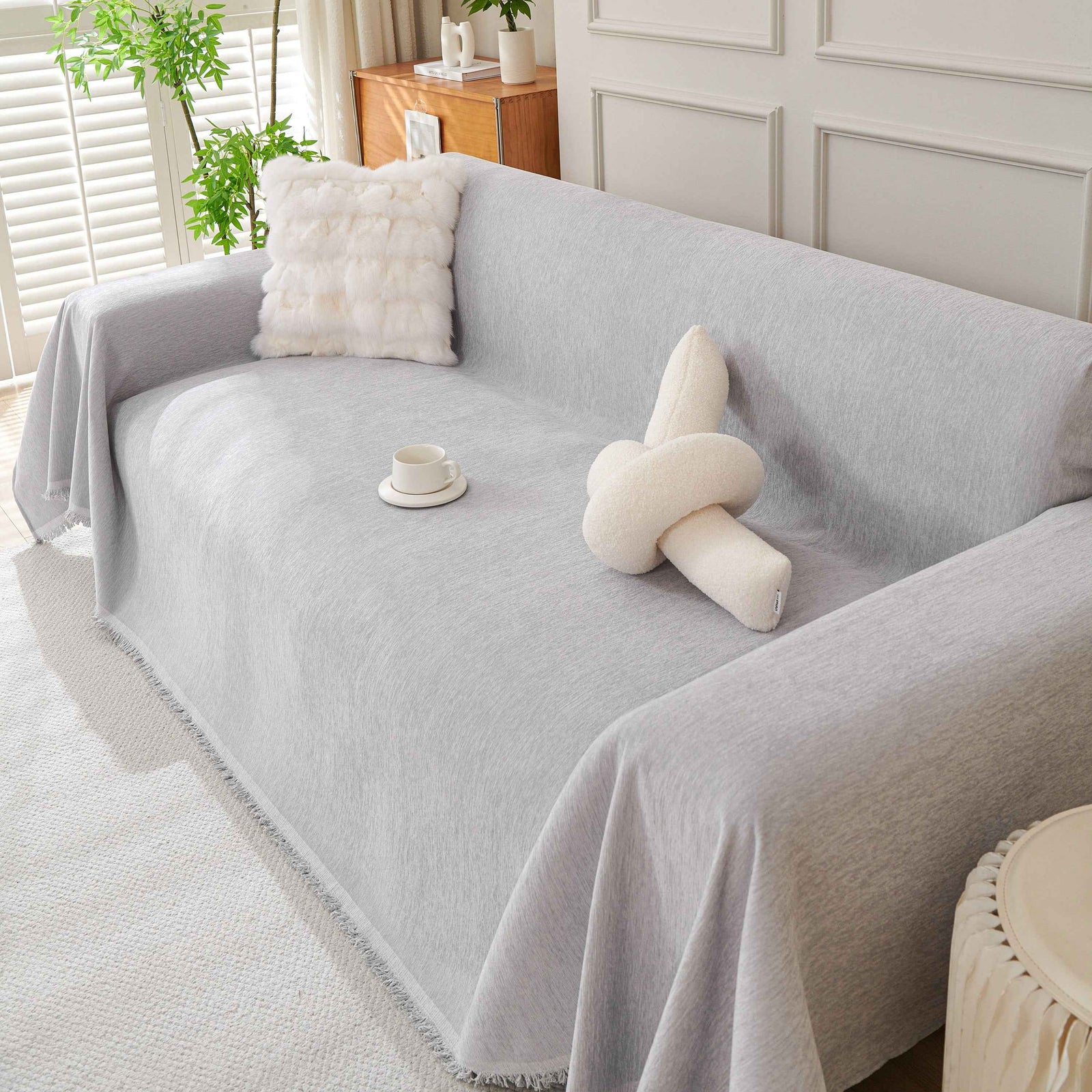 Solid Color Chenille Sofa Throw Blanket, Cozy & Easy Care Fringed Furniture Protector