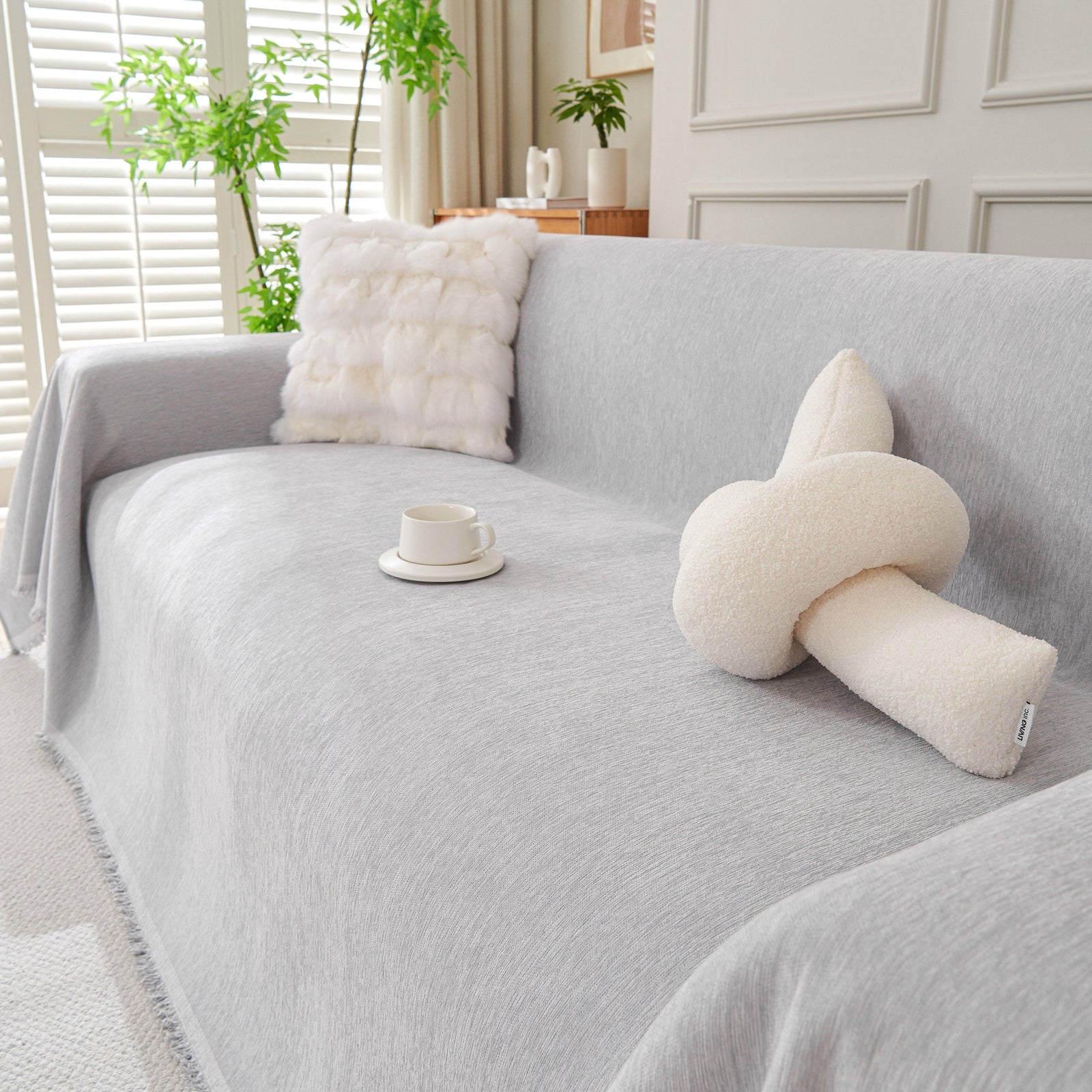 Solid Color Chenille Sofa Throw Blanket, Cozy & Easy Care Fringed Furniture Protector