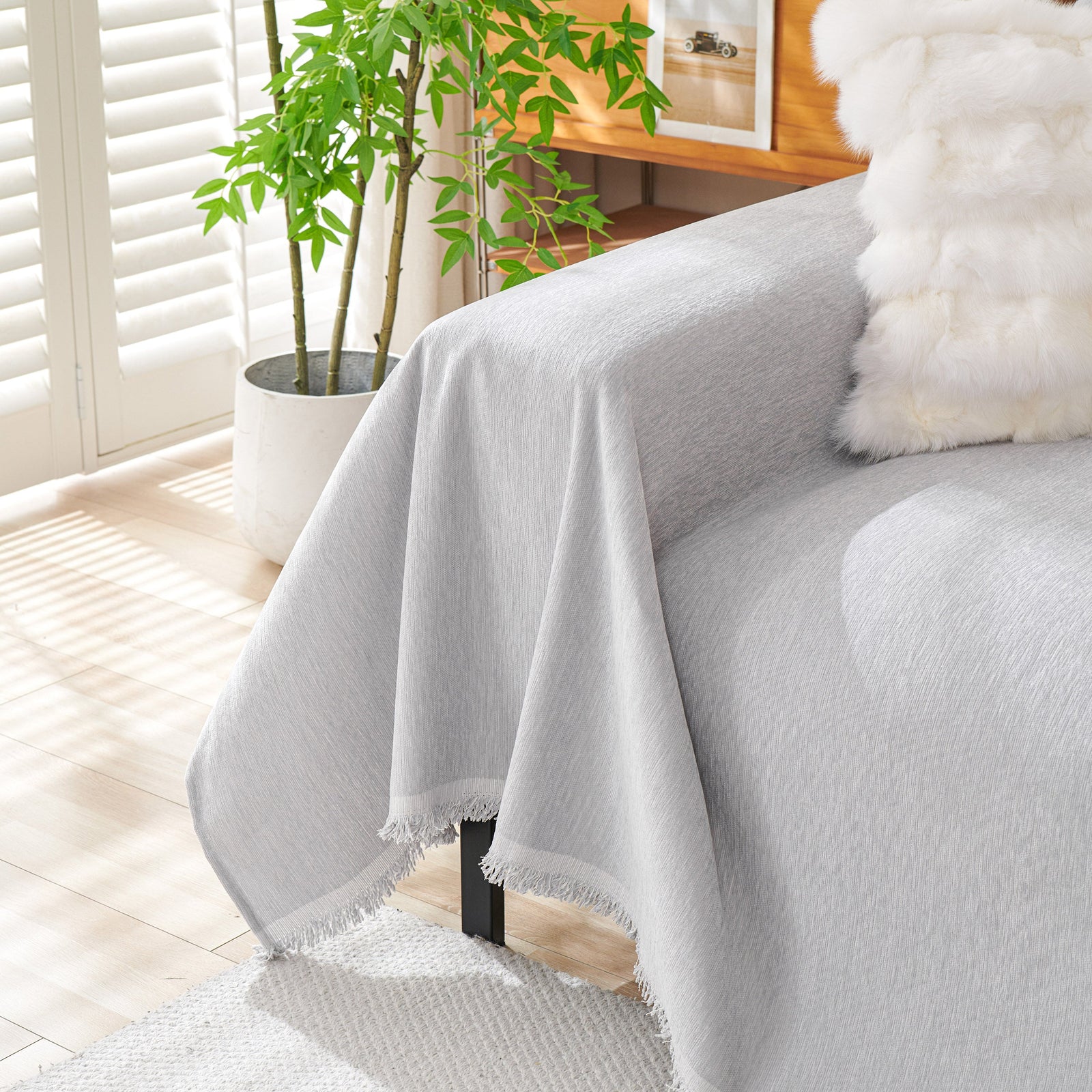 Solid Color Chenille Sofa Throw Blanket, Cozy & Easy Care Fringed Furniture Protector