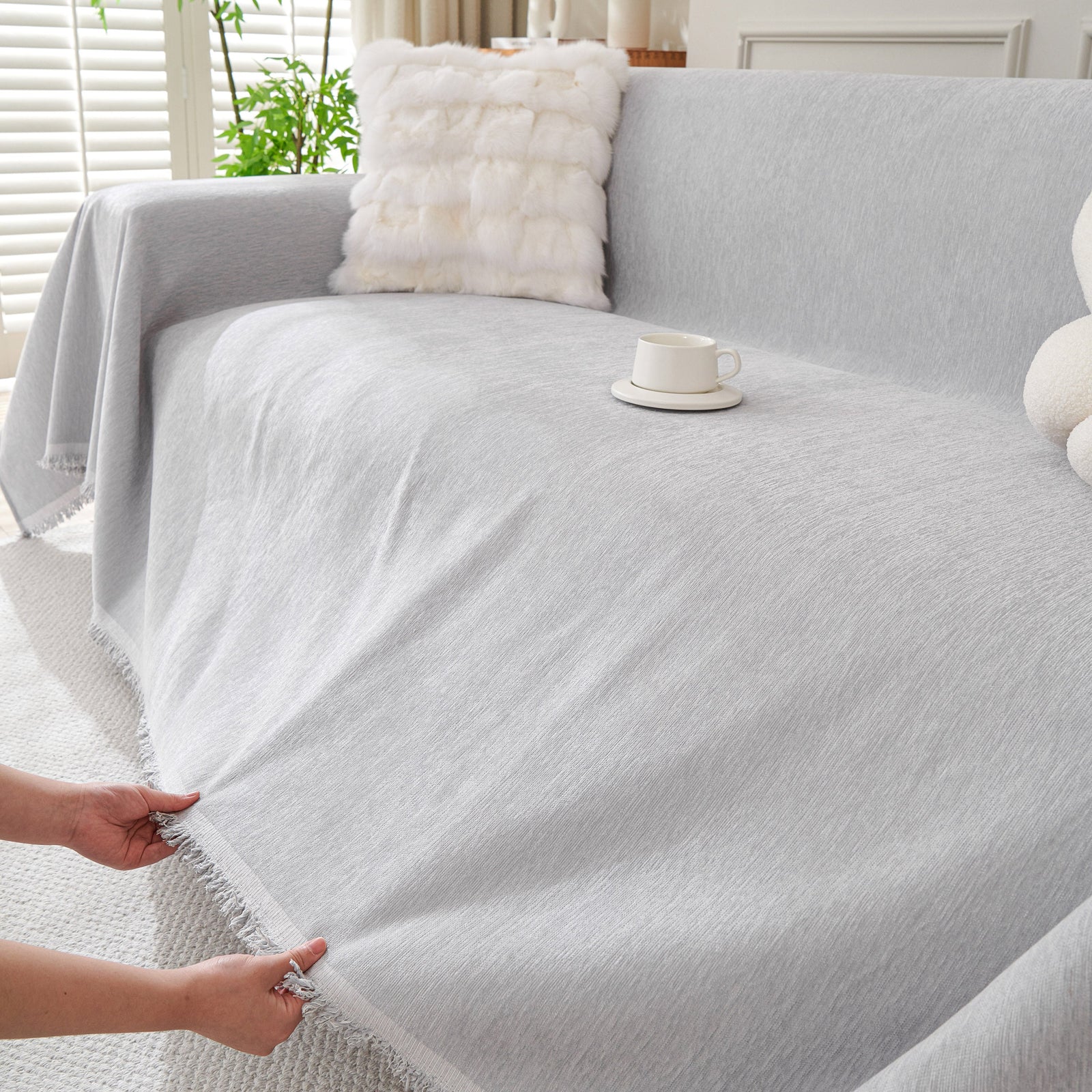 Solid Color Chenille Sofa Throw Blanket, Cozy & Easy Care Fringed Furniture Protector