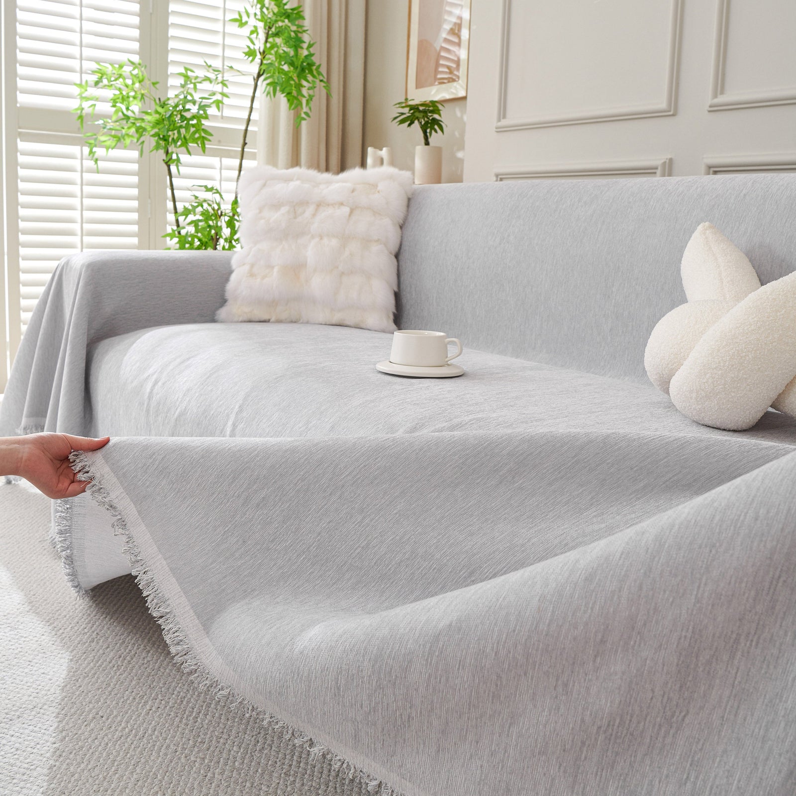 Solid Color Chenille Sofa Throw Blanket, Cozy & Easy Care Fringed Furniture Protector