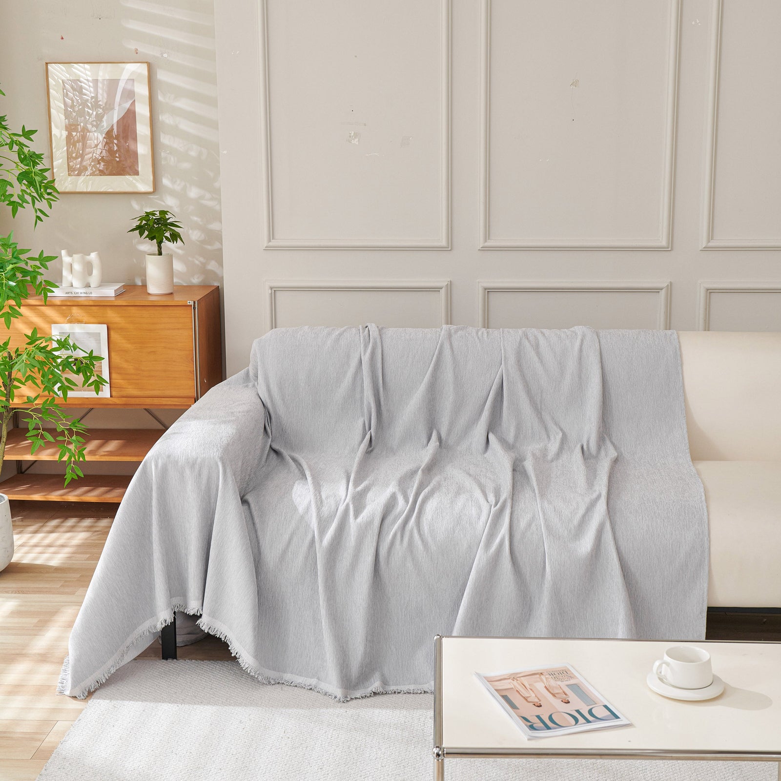 Solid Color Chenille Sofa Throw Blanket, Cozy & Easy Care Fringed Furniture Protector