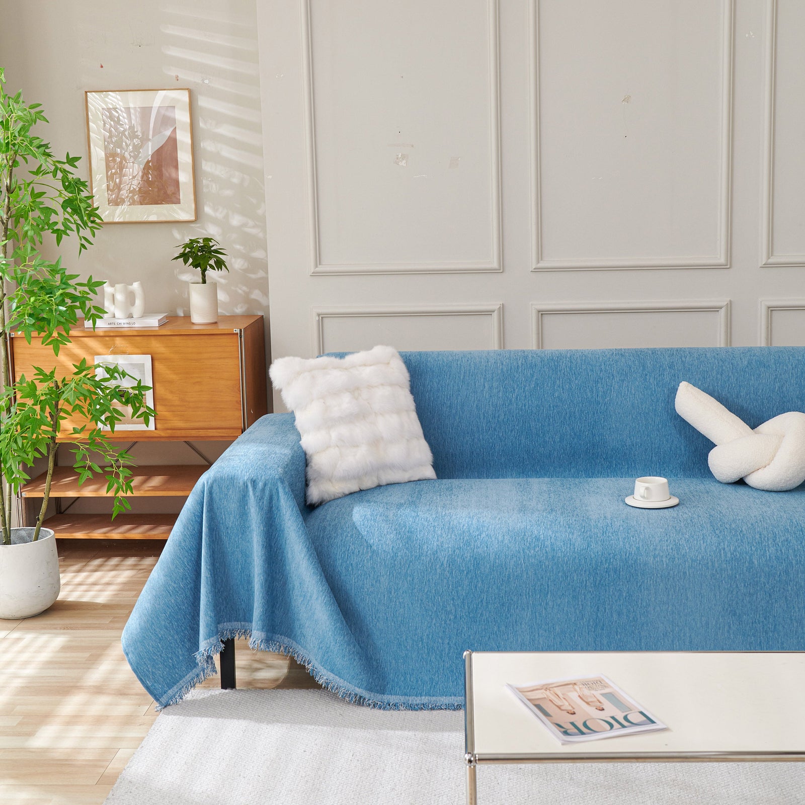 Solid Color Chenille Sofa Throw Blanket, Cozy & Easy Care Fringed Furniture Protector