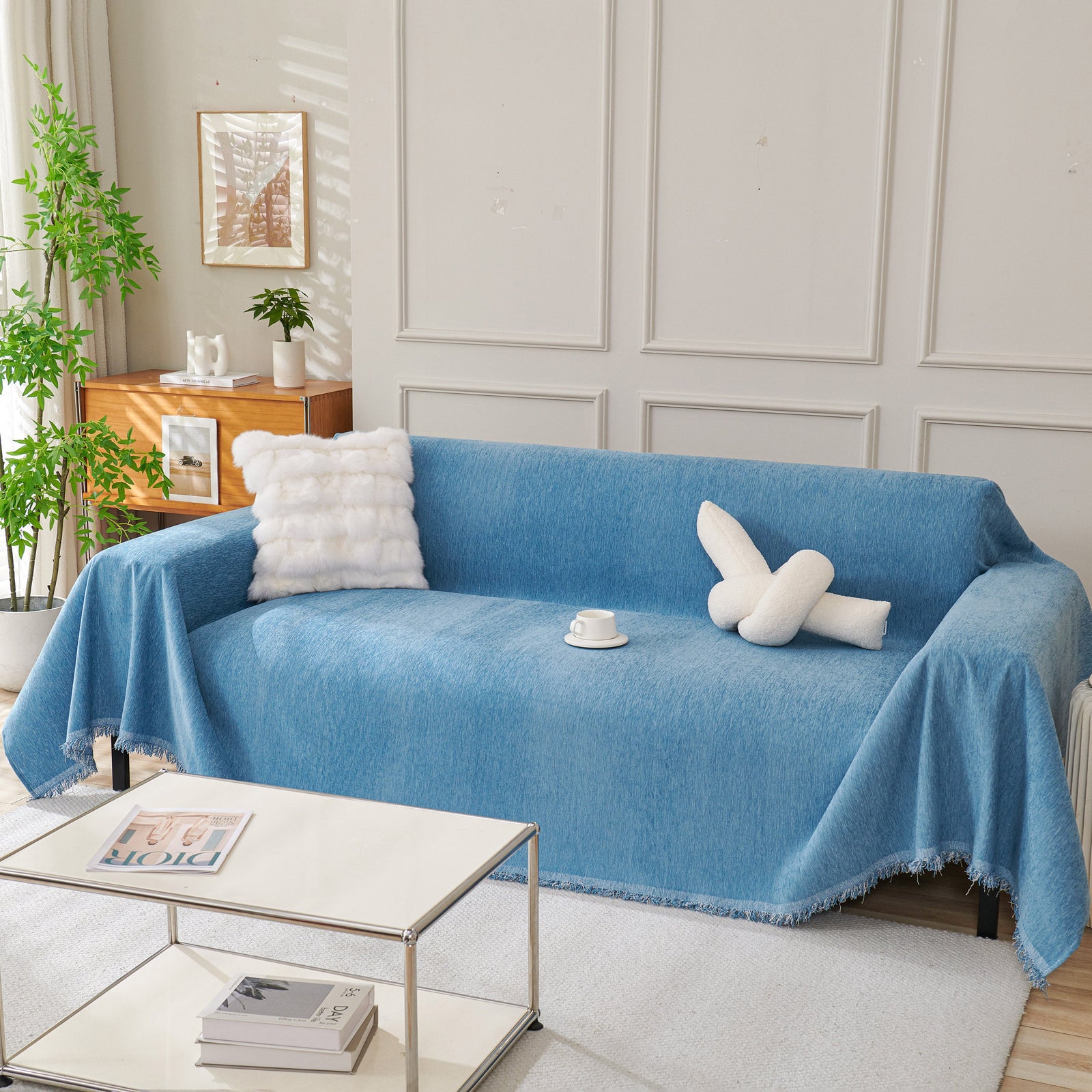 Solid Color Chenille Sofa Throw Blanket, Cozy & Easy Care Fringed Furniture Protector