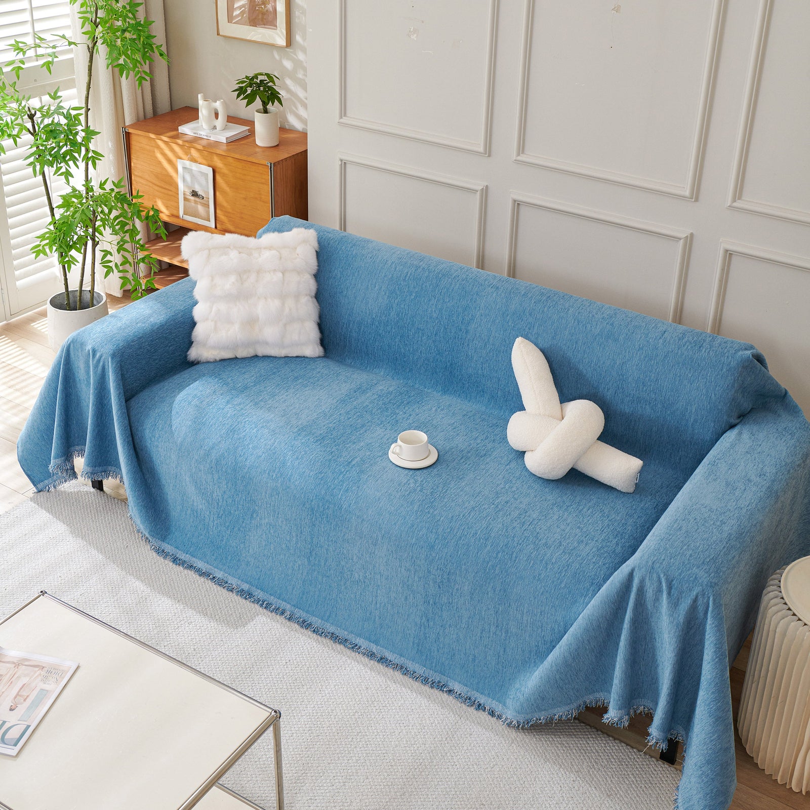 Solid Color Chenille Sofa Throw Blanket, Cozy & Easy Care Fringed Furniture Protector