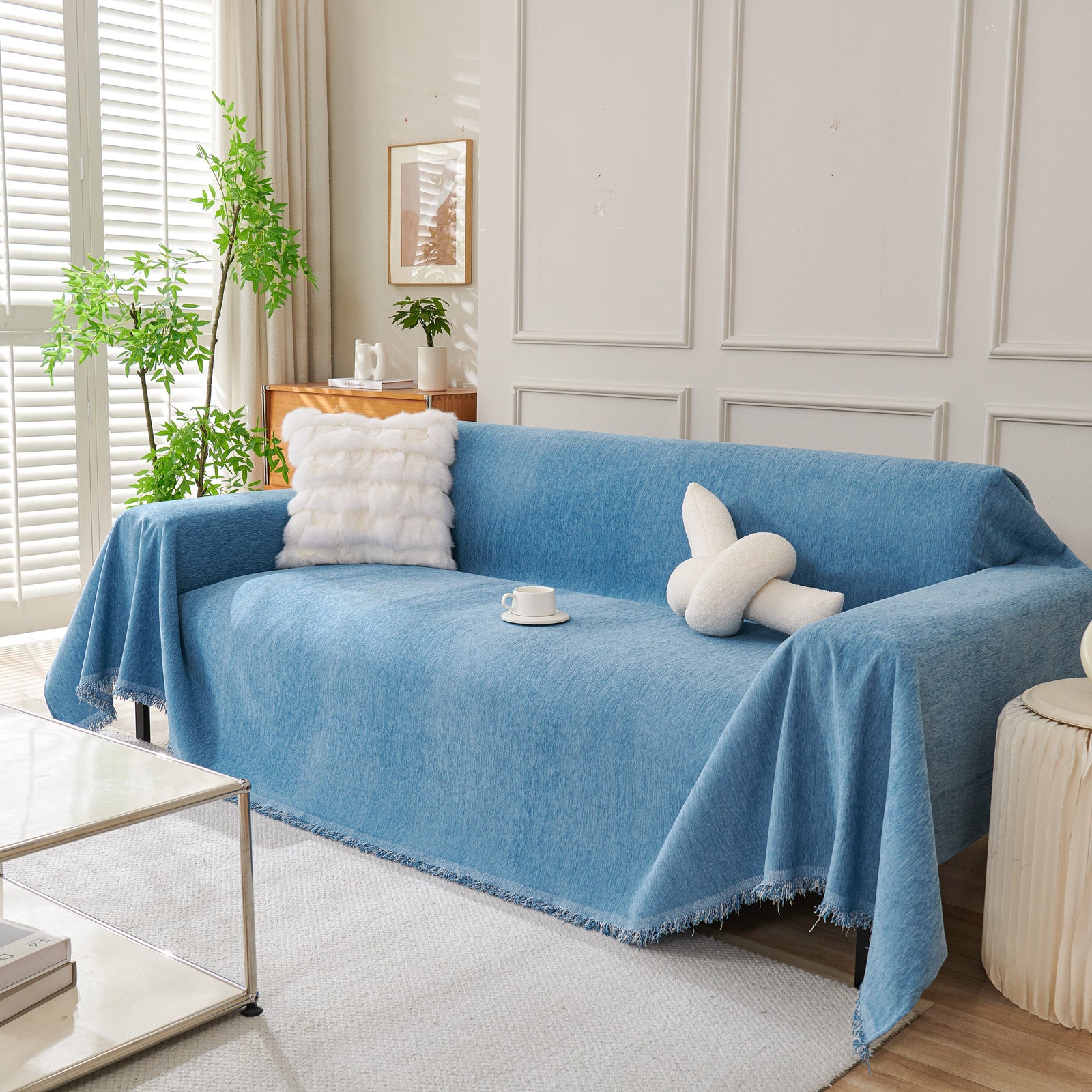Solid Color Chenille Sofa Throw Blanket, Cozy & Easy Care Fringed Furniture Protector