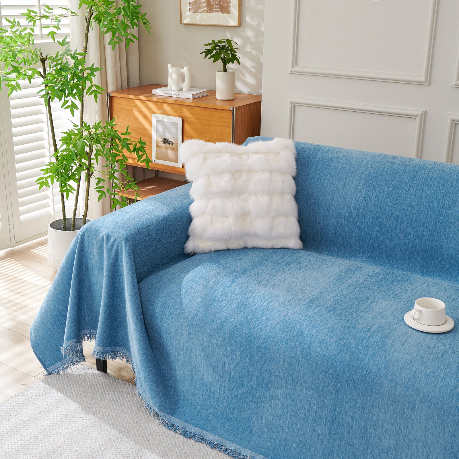 Solid Color Chenille Sofa Throw Blanket, Cozy & Easy Care Fringed Furniture Protector