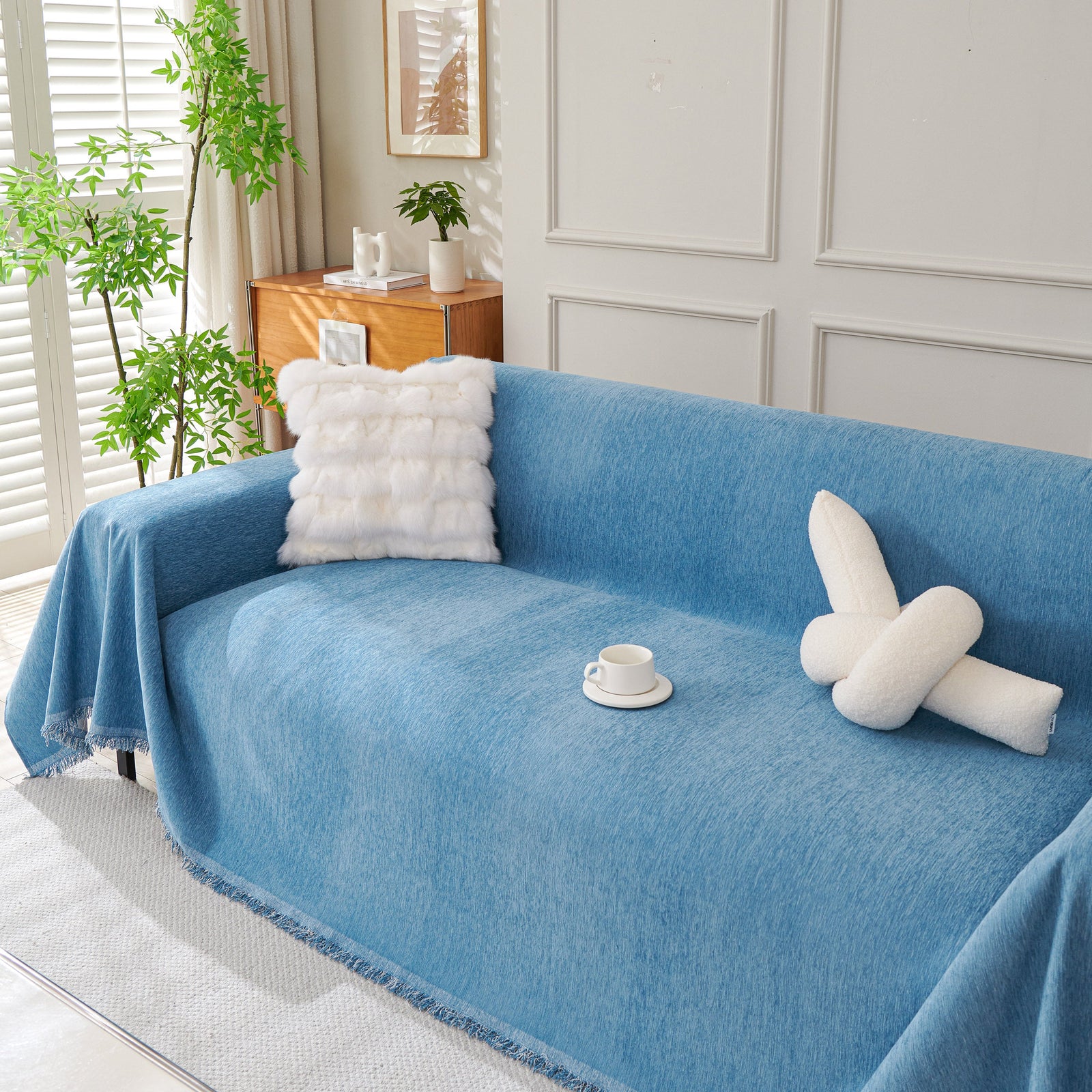 Solid Color Chenille Sofa Throw Blanket, Cozy & Easy Care Fringed Furniture Protector