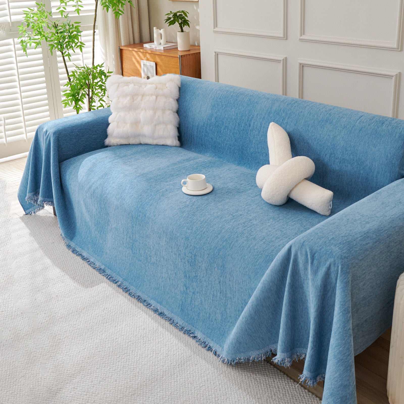 Solid Color Chenille Sofa Throw Blanket, Cozy & Easy Care Fringed Furniture Protector