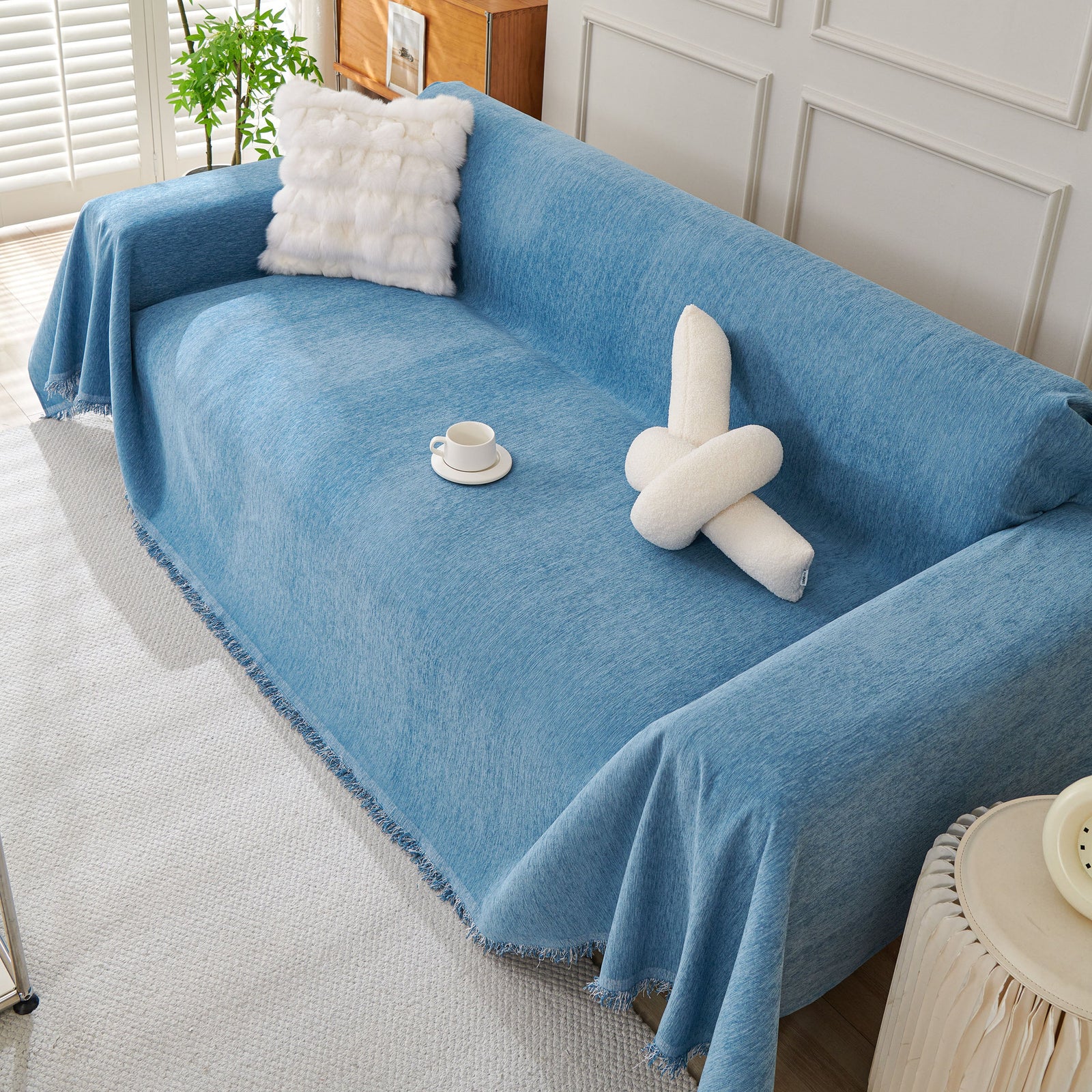 Solid Color Chenille Sofa Throw Blanket, Cozy & Easy Care Fringed Furniture Protector