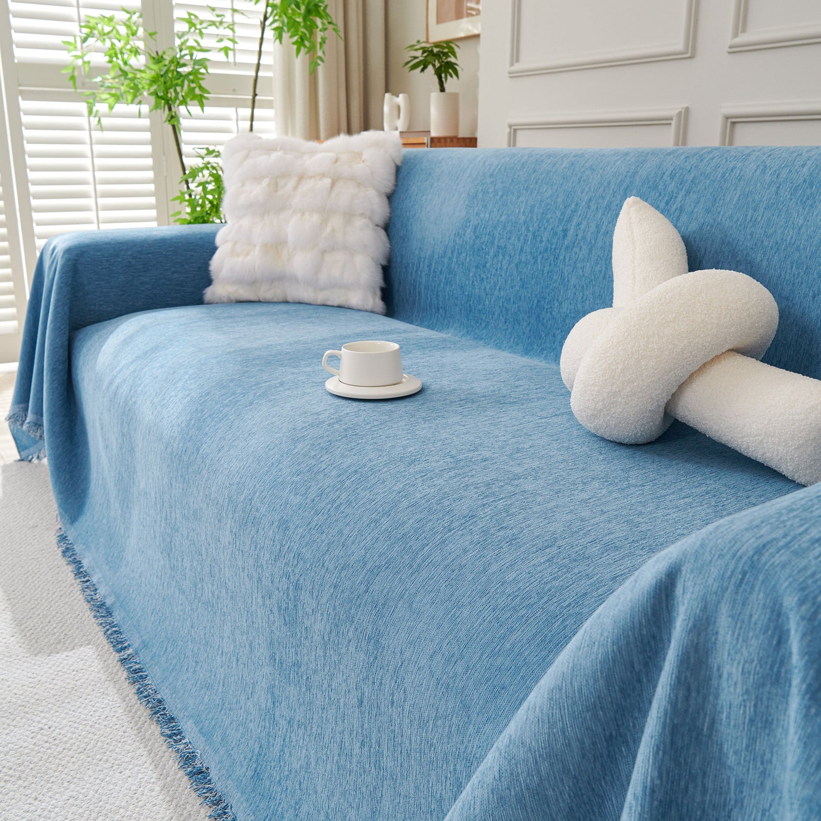 Solid Color Chenille Sofa Throw Blanket, Cozy & Easy Care Fringed Furniture Protector