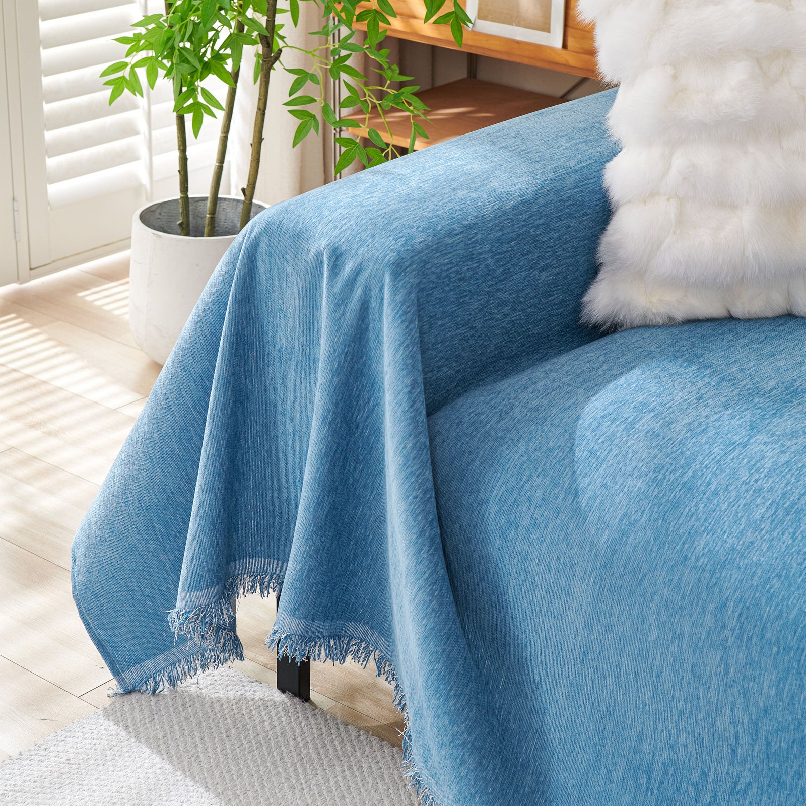 Solid Color Chenille Sofa Throw Blanket, Cozy & Easy Care Fringed Furniture Protector