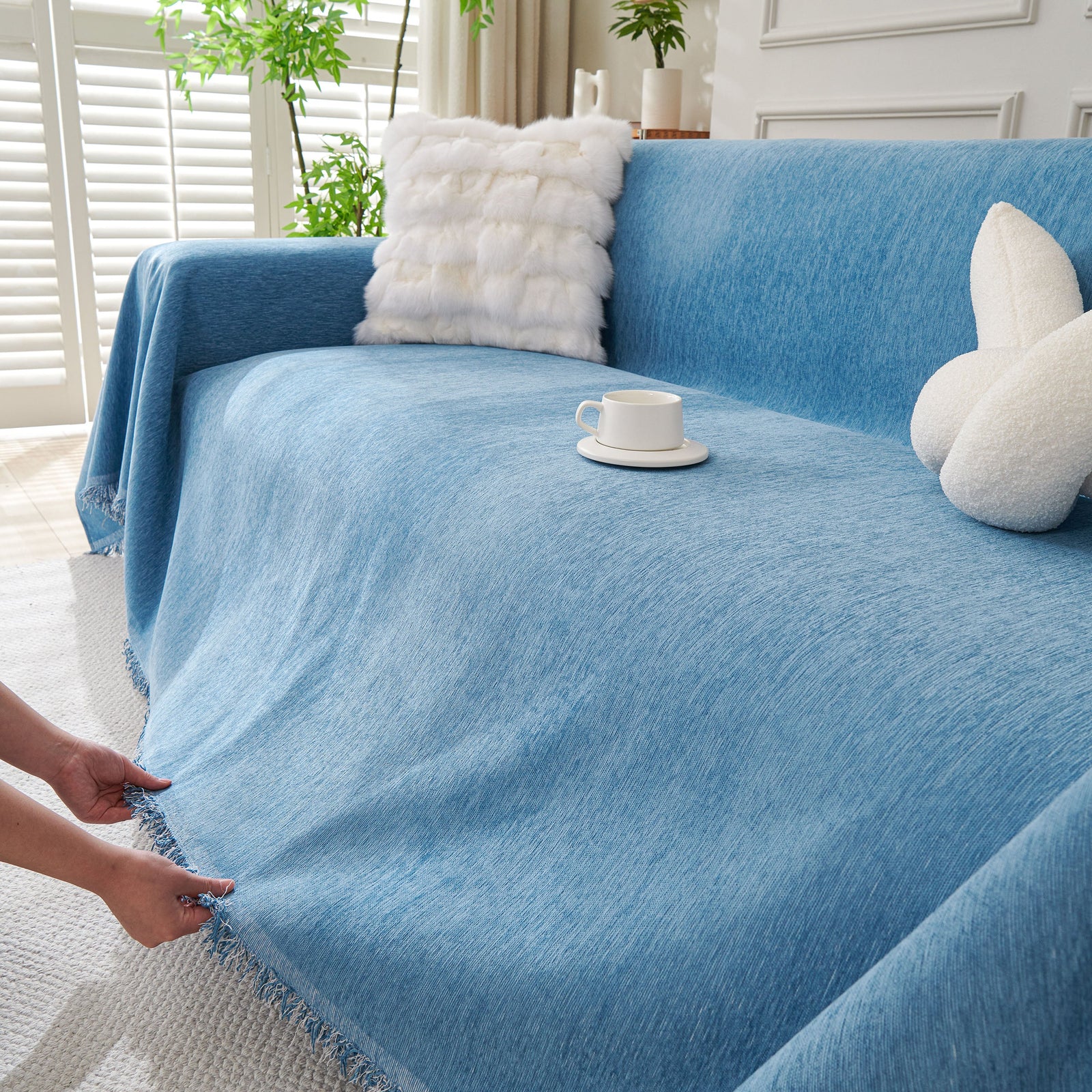 Solid Color Chenille Sofa Throw Blanket, Cozy & Easy Care Fringed Furniture Protector