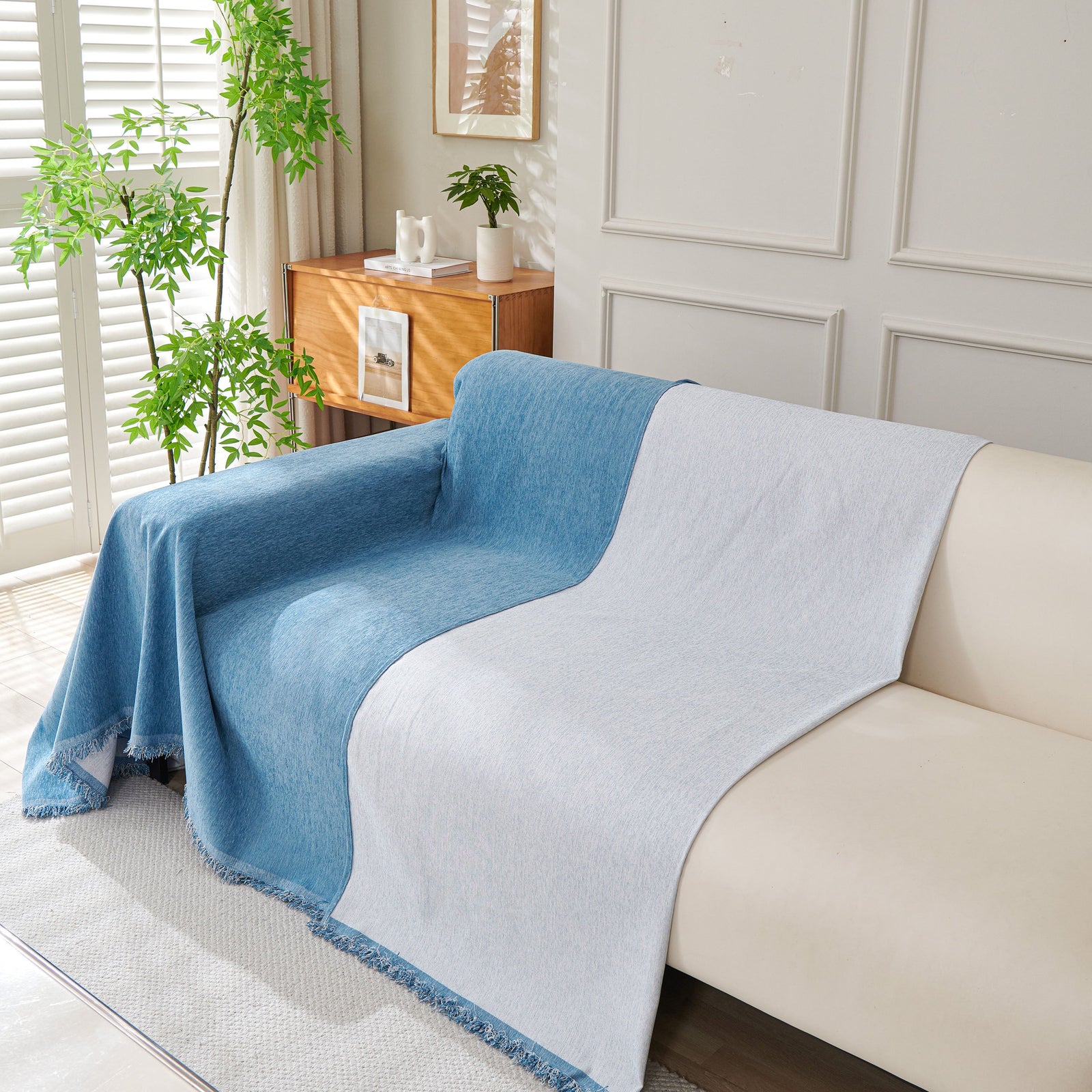 Solid Color Chenille Sofa Throw Blanket, Cozy & Easy Care Fringed Furniture Protector