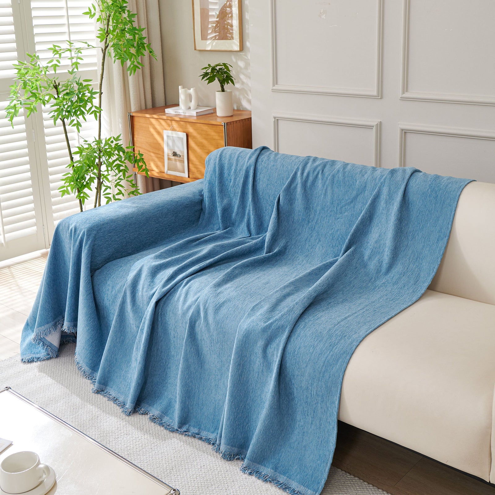 Solid Color Chenille Sofa Throw Blanket, Cozy & Easy Care Fringed Furniture Protector