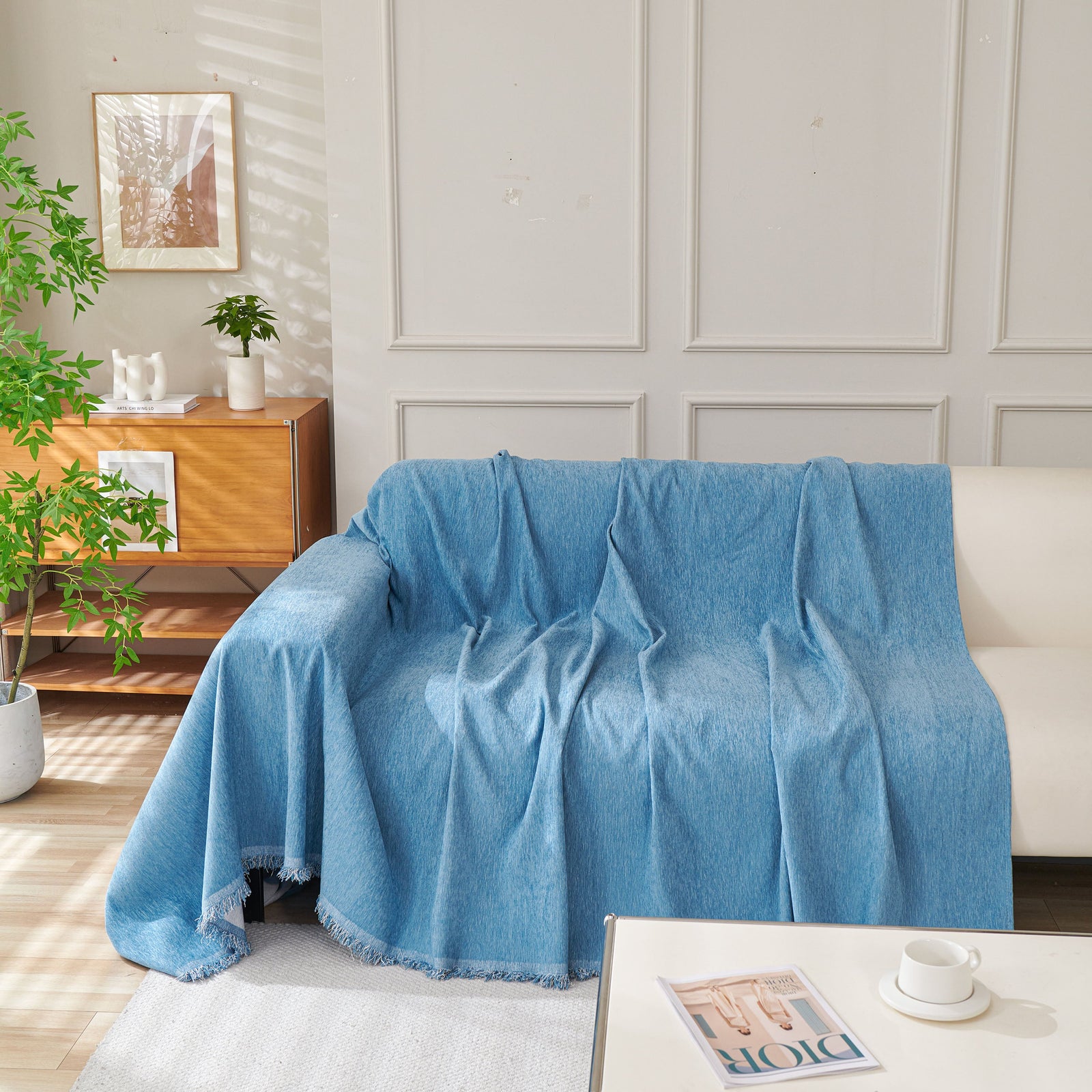 Solid Color Chenille Sofa Throw Blanket, Cozy & Easy Care Fringed Furniture Protector