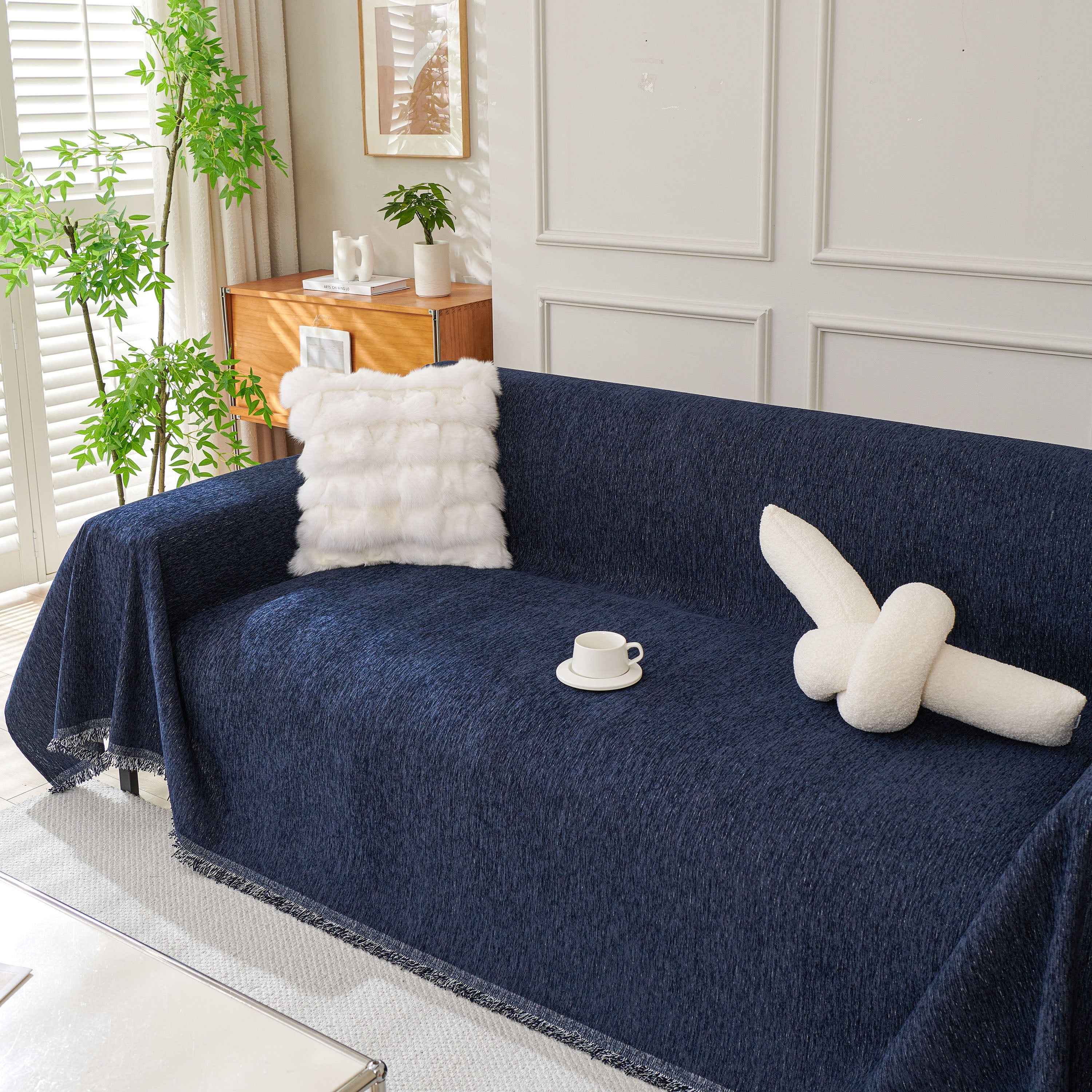 Solid Color Chenille Sofa Throw Blanket, Modern Decor Soft Couch Cover with Fringes