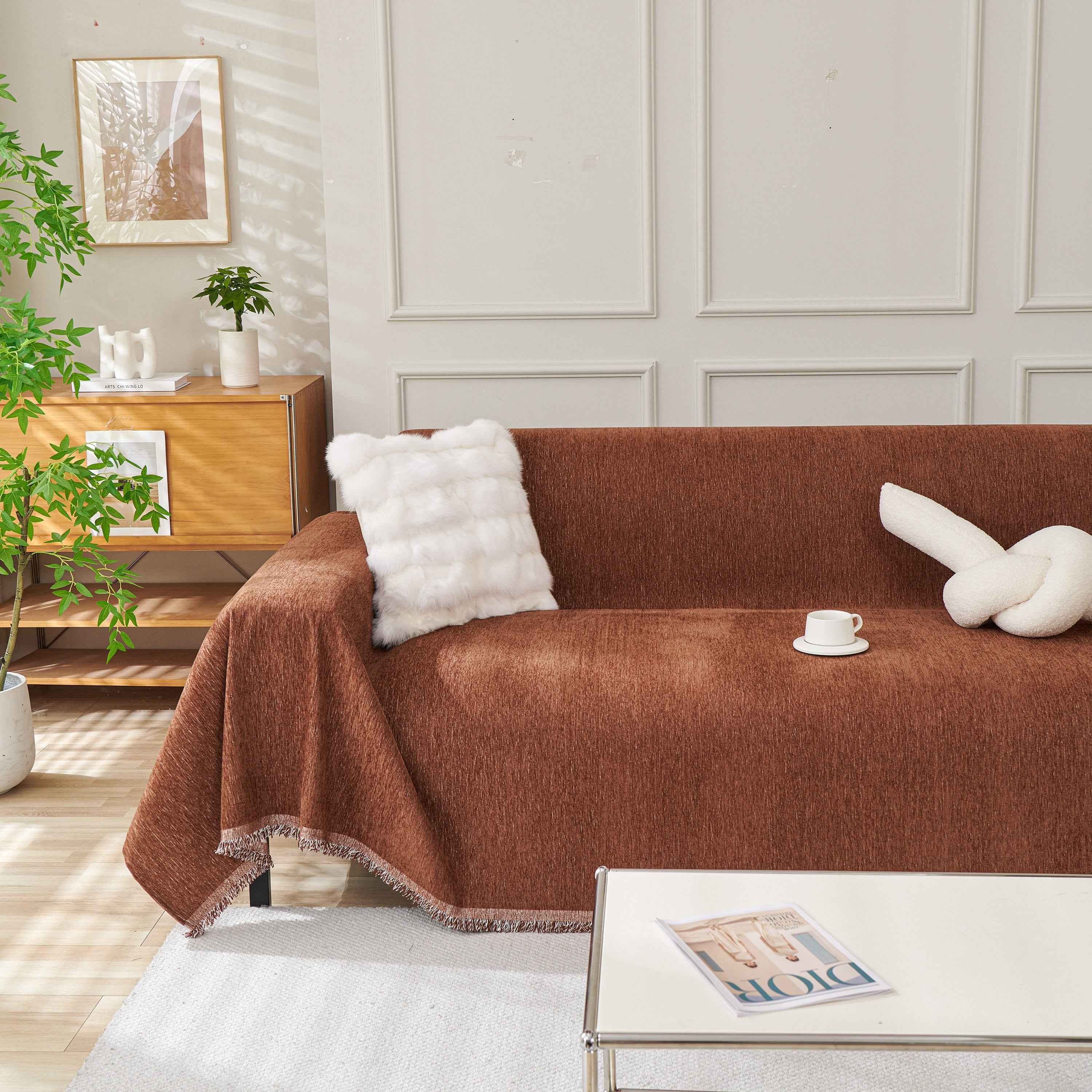 Solid Color Chenille Sofa Throw Blanket, Modern Decor Soft Couch Cover with Fringes