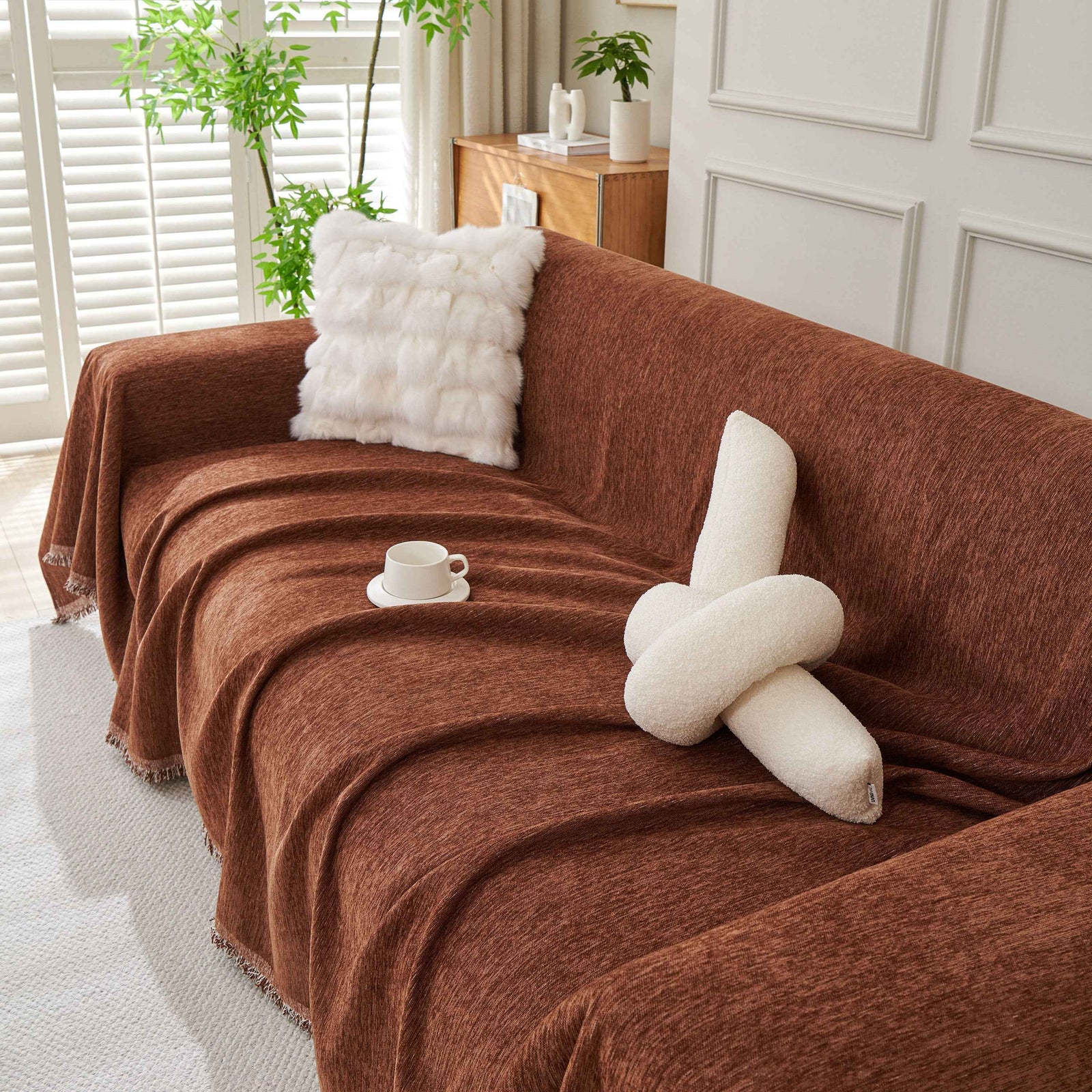 Solid Color Chenille Sofa Throw Blanket, Modern Decor Soft Couch Cover with Fringes