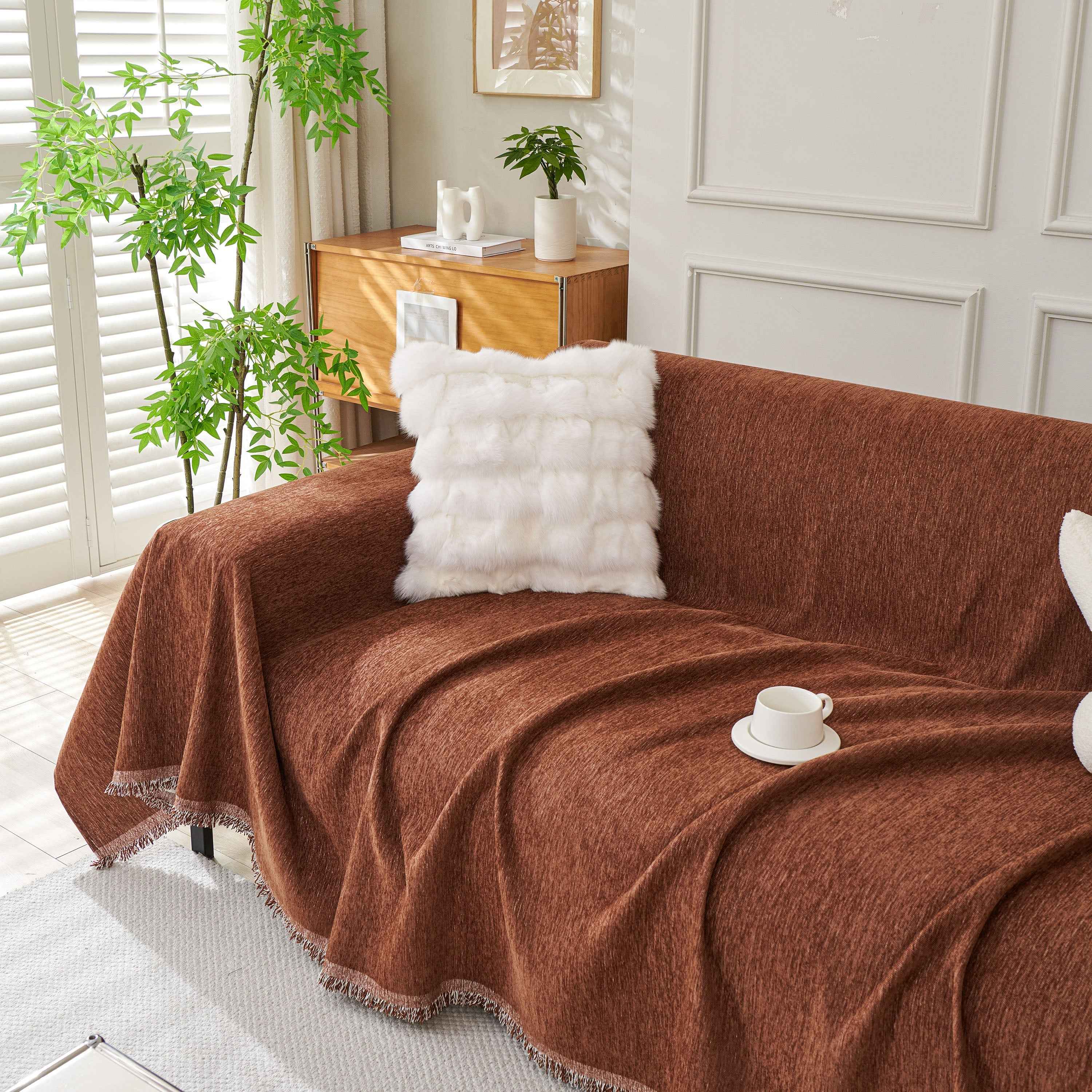 Solid Color Chenille Sofa Throw Blanket, Modern Decor Soft Couch Cover with Fringes