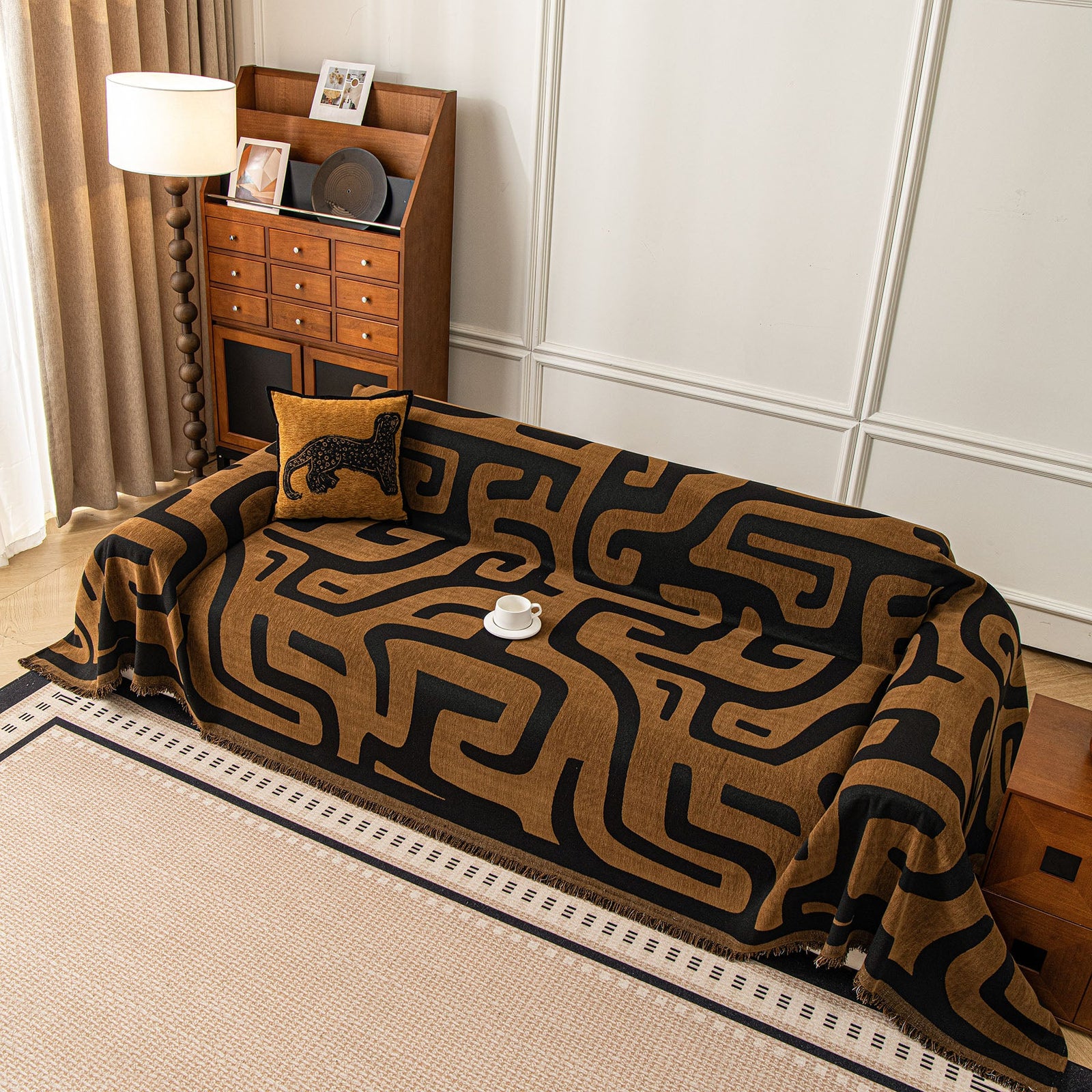 Modern Boho Chenille Sofa Cover Throw Blanket, Abstract Geometric Pattern Couch Cover