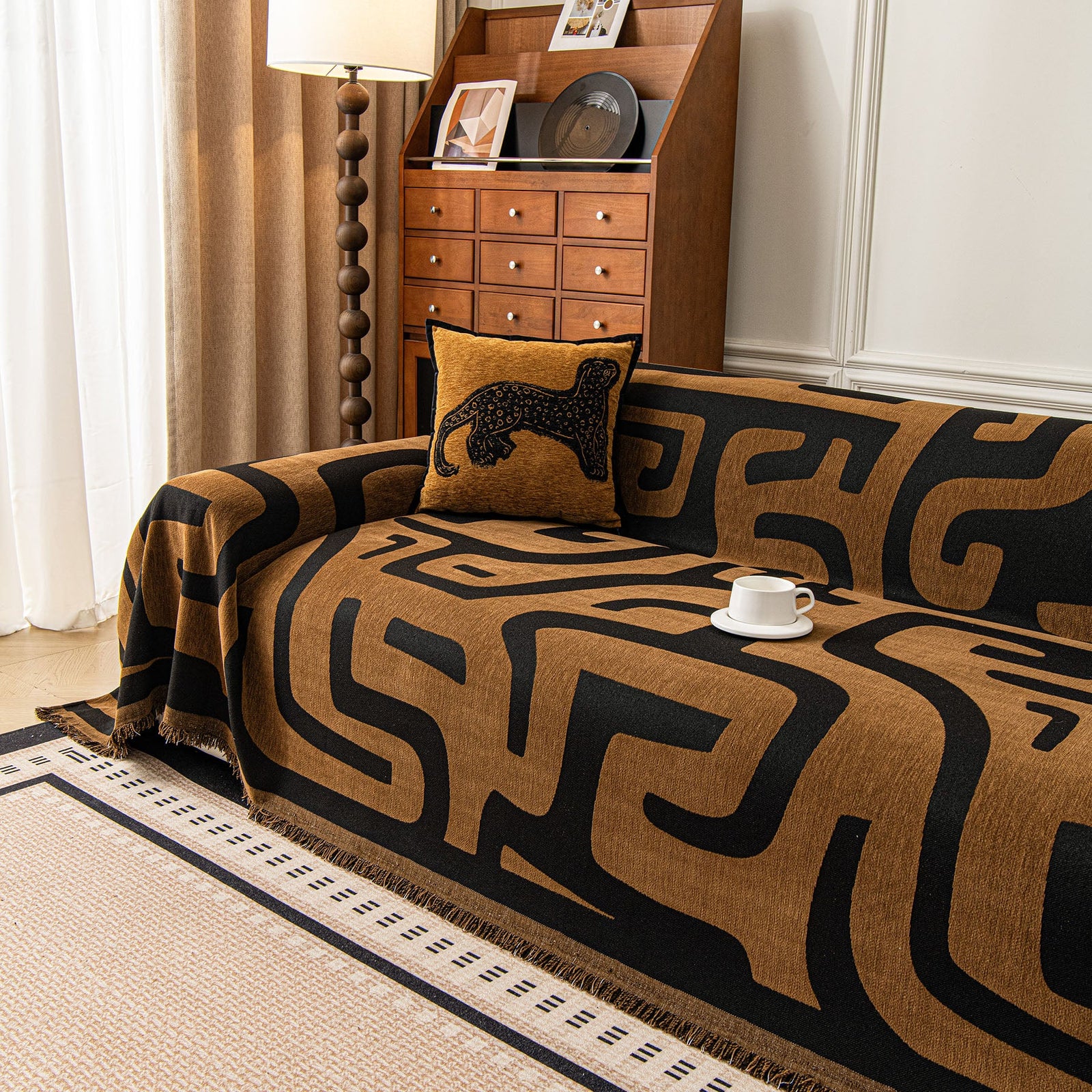 Modern Boho Chenille Sofa Cover Throw Blanket, Abstract Geometric Pattern Couch Cover