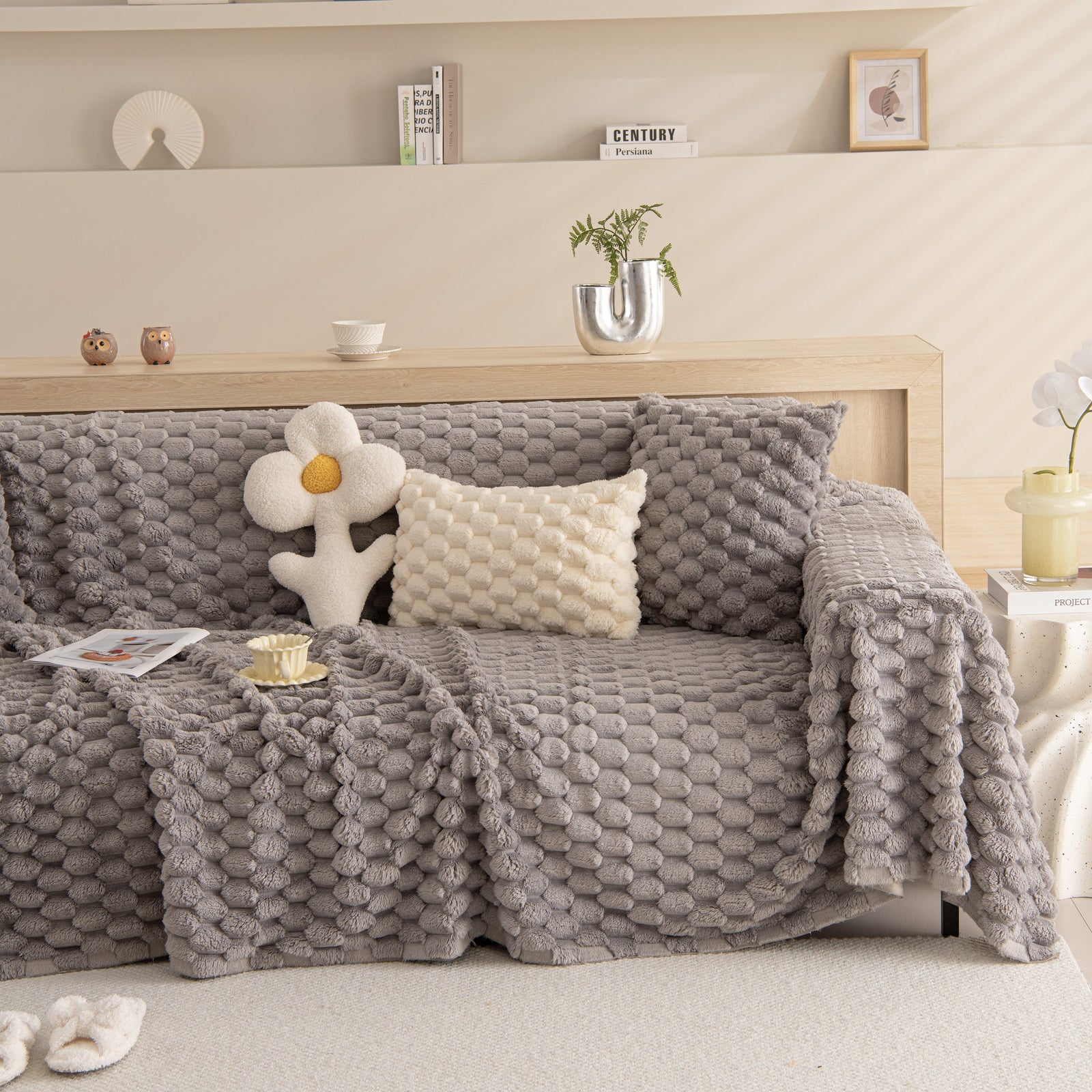 Thick Plush Faux Fur Couch Cover Blanket Warm Fuzzy Blanket Couch Protector for Winter