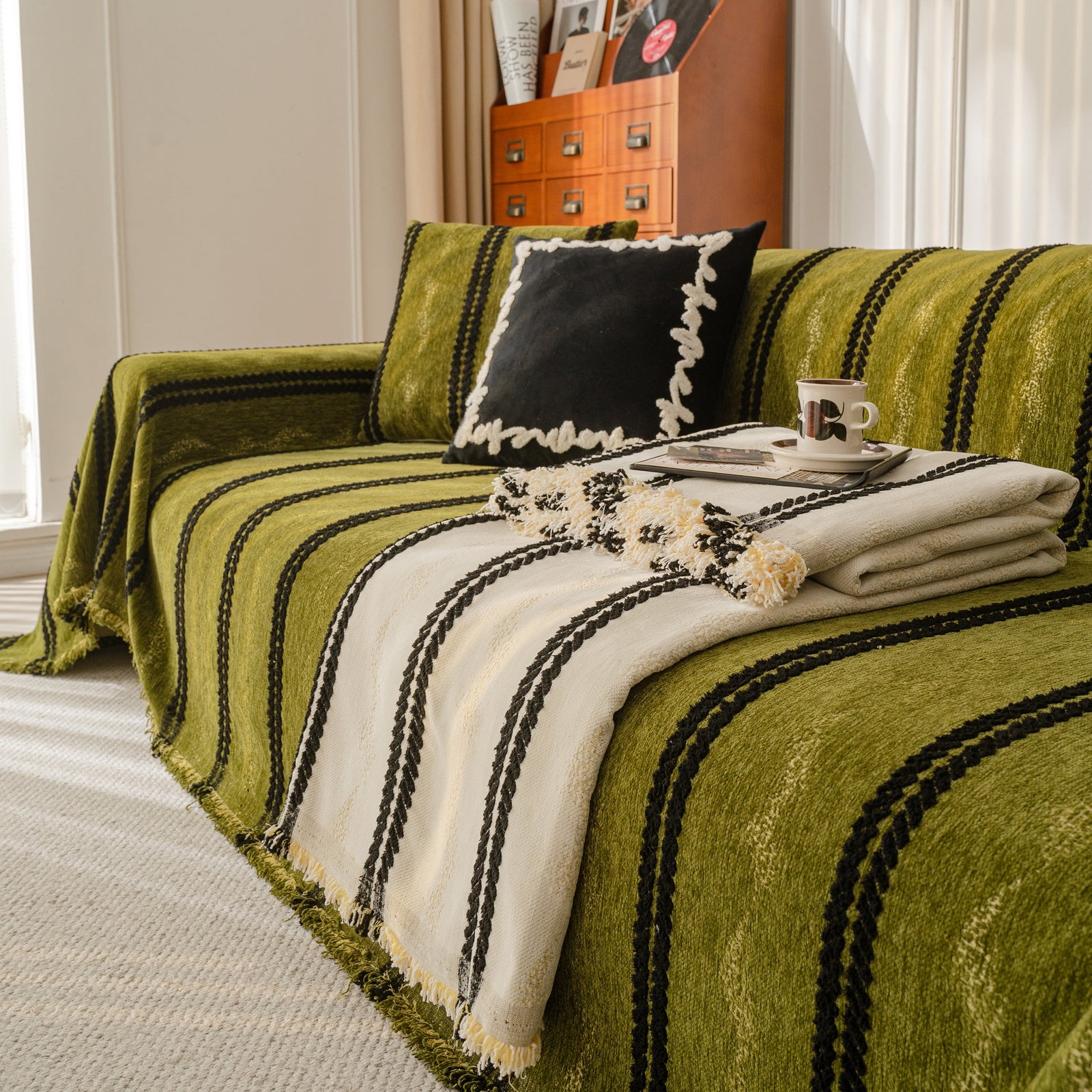 Boho Couch Throw Blanket with Textured Stripes, Sofa Cover for Living Room Decor