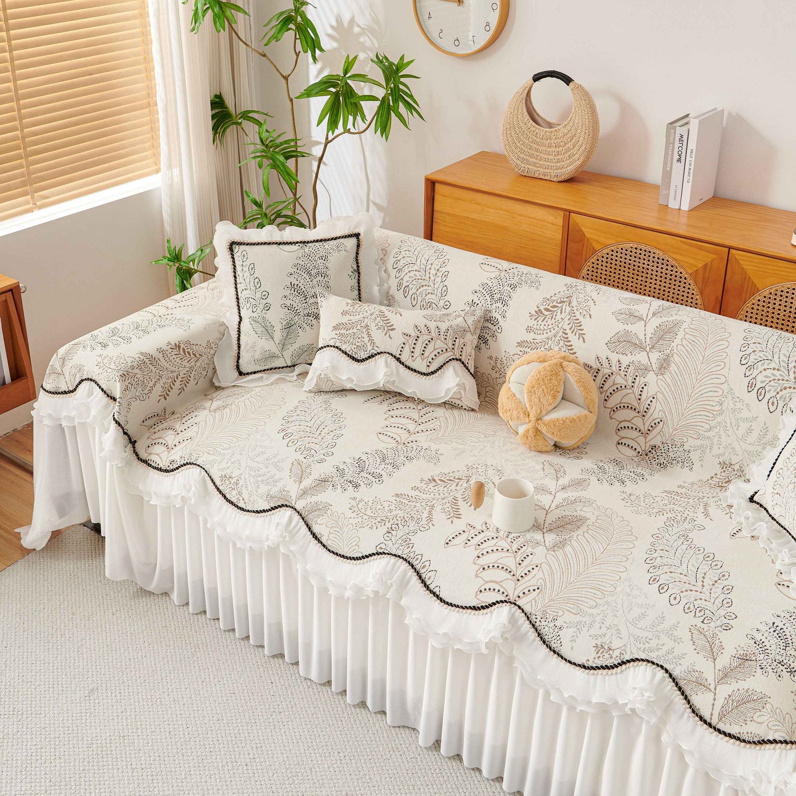 Farmhouse Ruffled Lace Sofa Slipcover Vintage Furniture Protector with Botanical Print