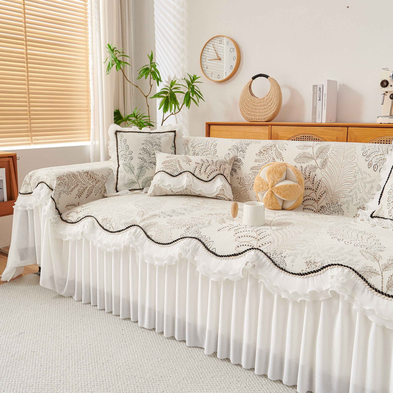 Farmhouse Ruffled Lace Sofa Slipcover Vintage Furniture Protector with Botanical Print
