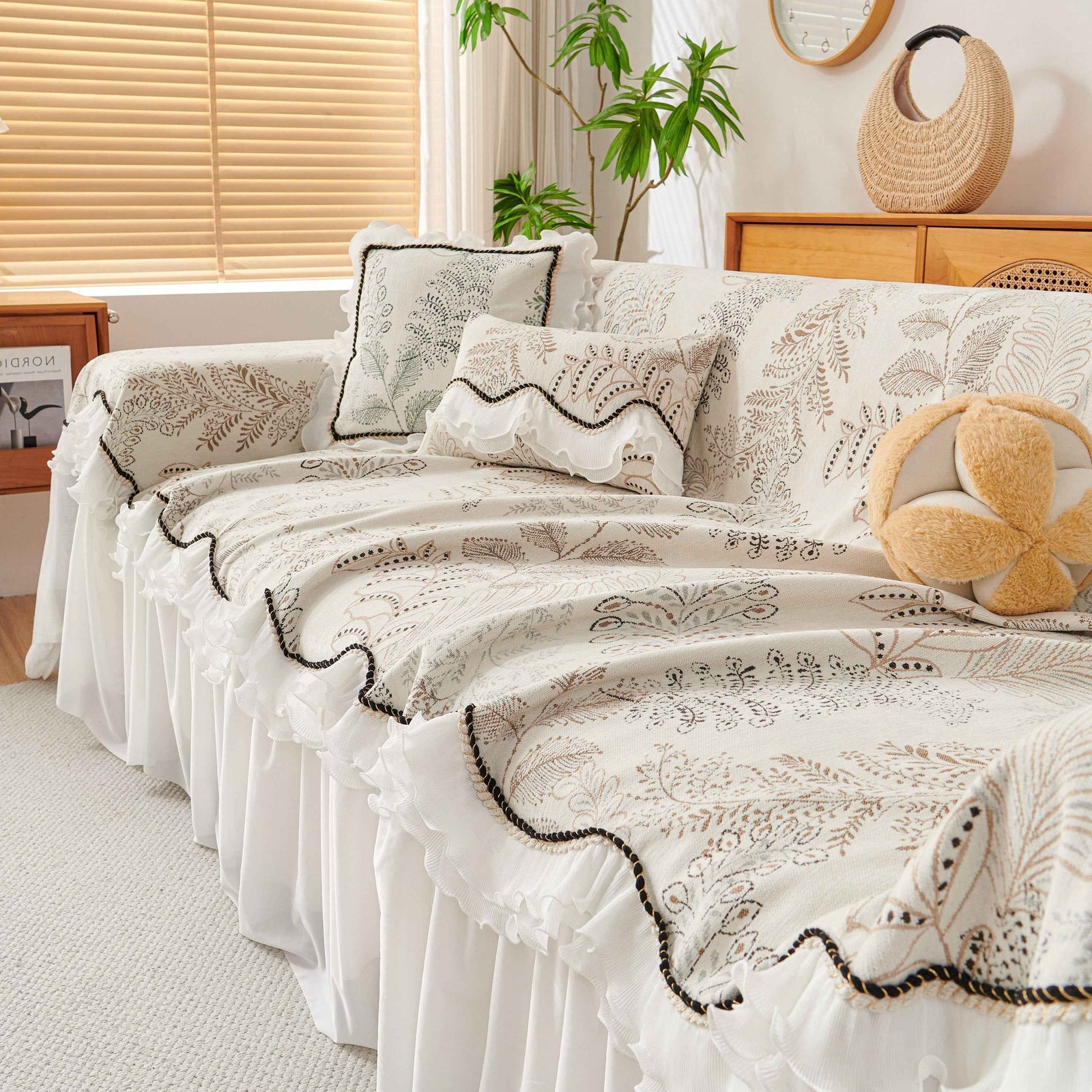 Farmhouse Ruffled Lace Sofa Slipcover Vintage Furniture Protector with Botanical Print