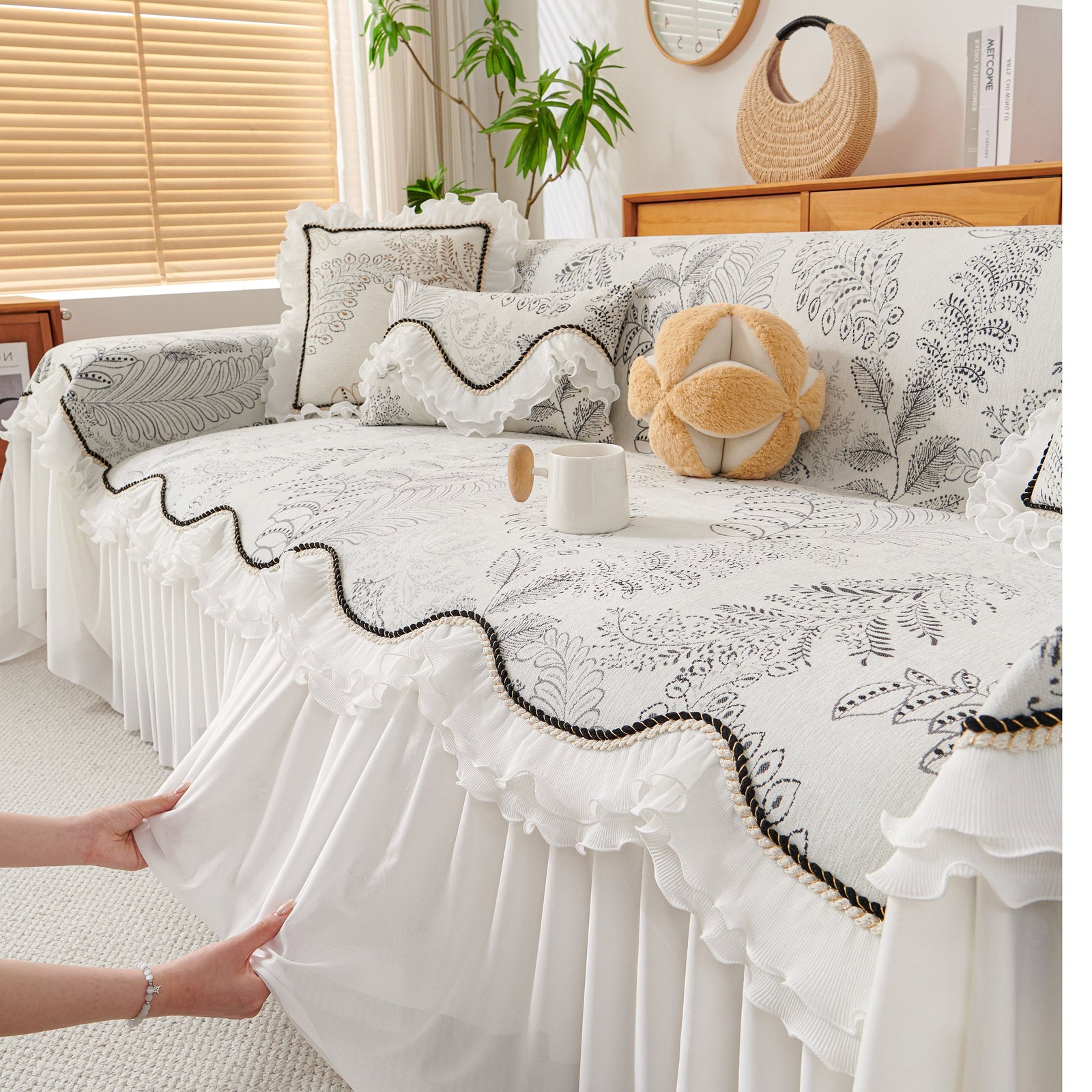Farmhouse Ruffled Lace Sofa Slipcover Vintage Furniture Protector with Botanical Print