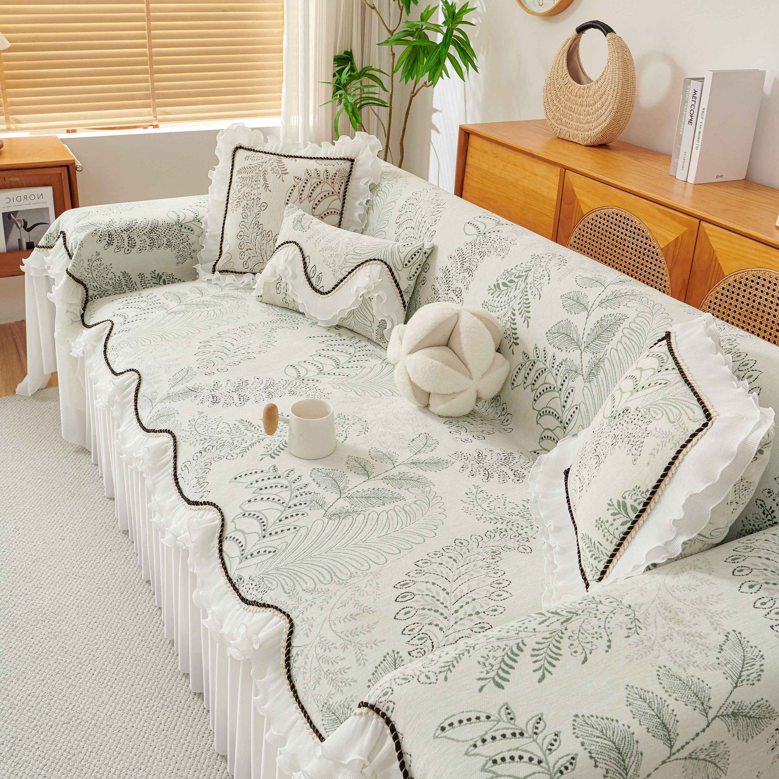 Farmhouse Ruffled Lace Sofa Slipcover Vintage Furniture Protector with Botanical Print