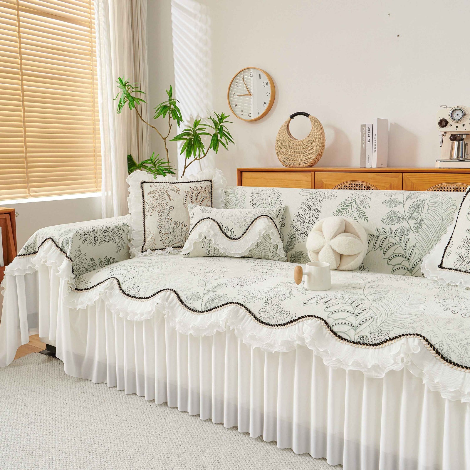 Farmhouse Ruffled Lace Sofa Slipcover Vintage Furniture Protector with Botanical Print