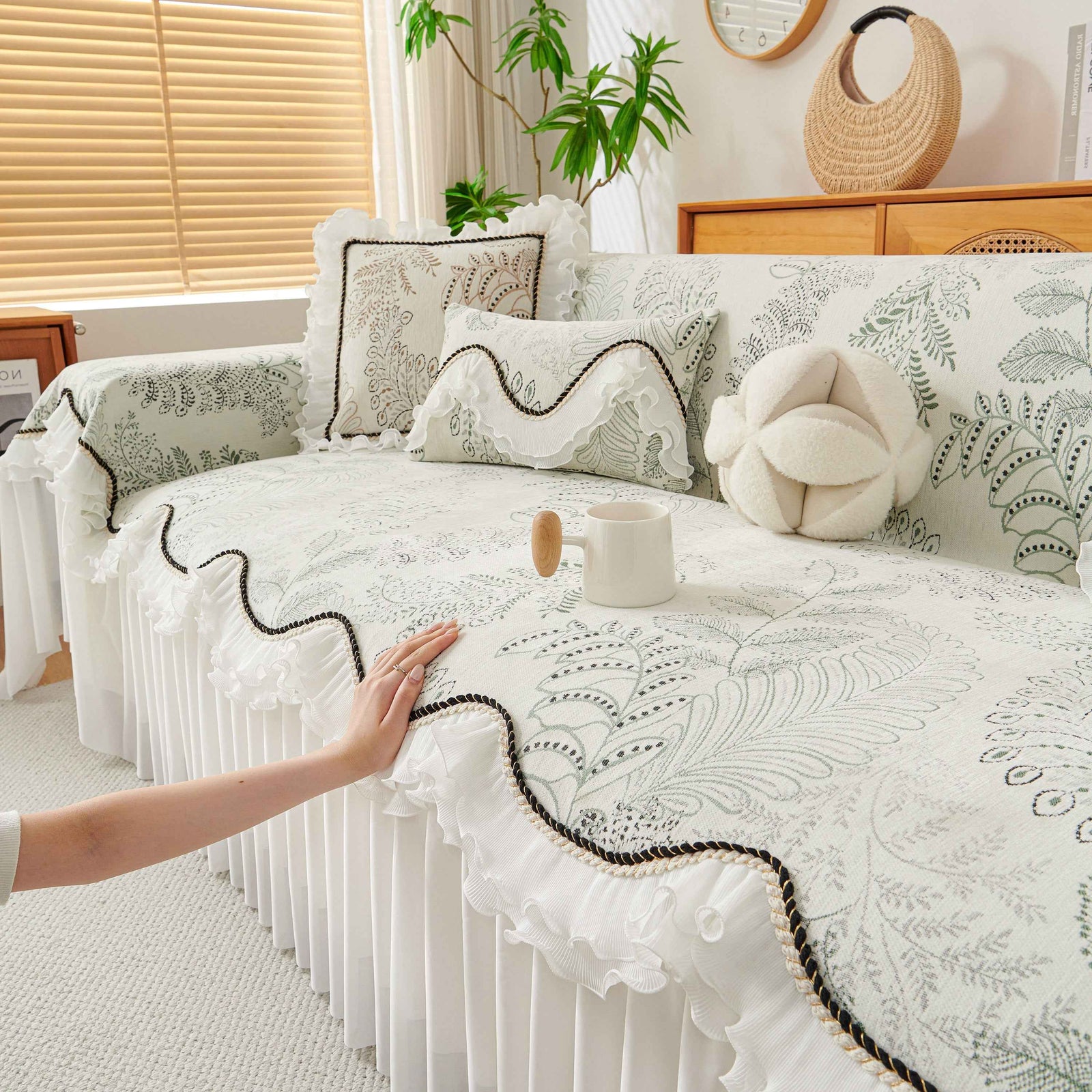 Farmhouse Ruffled Lace Sofa Slipcover Vintage Furniture Protector with Botanical Print
