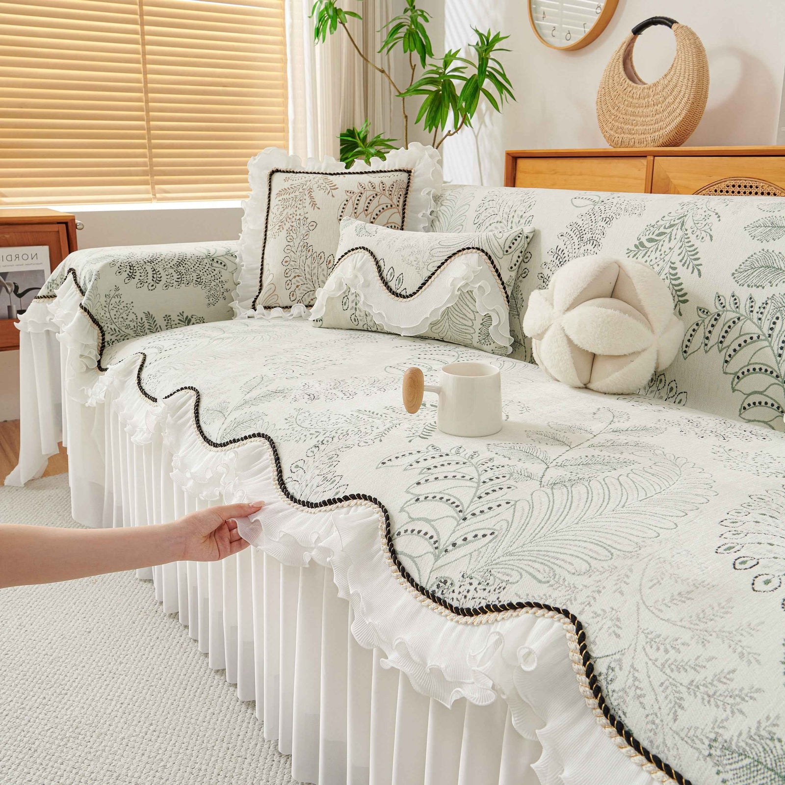 Farmhouse Ruffled Lace Sofa Slipcover Vintage Furniture Protector with Botanical Print