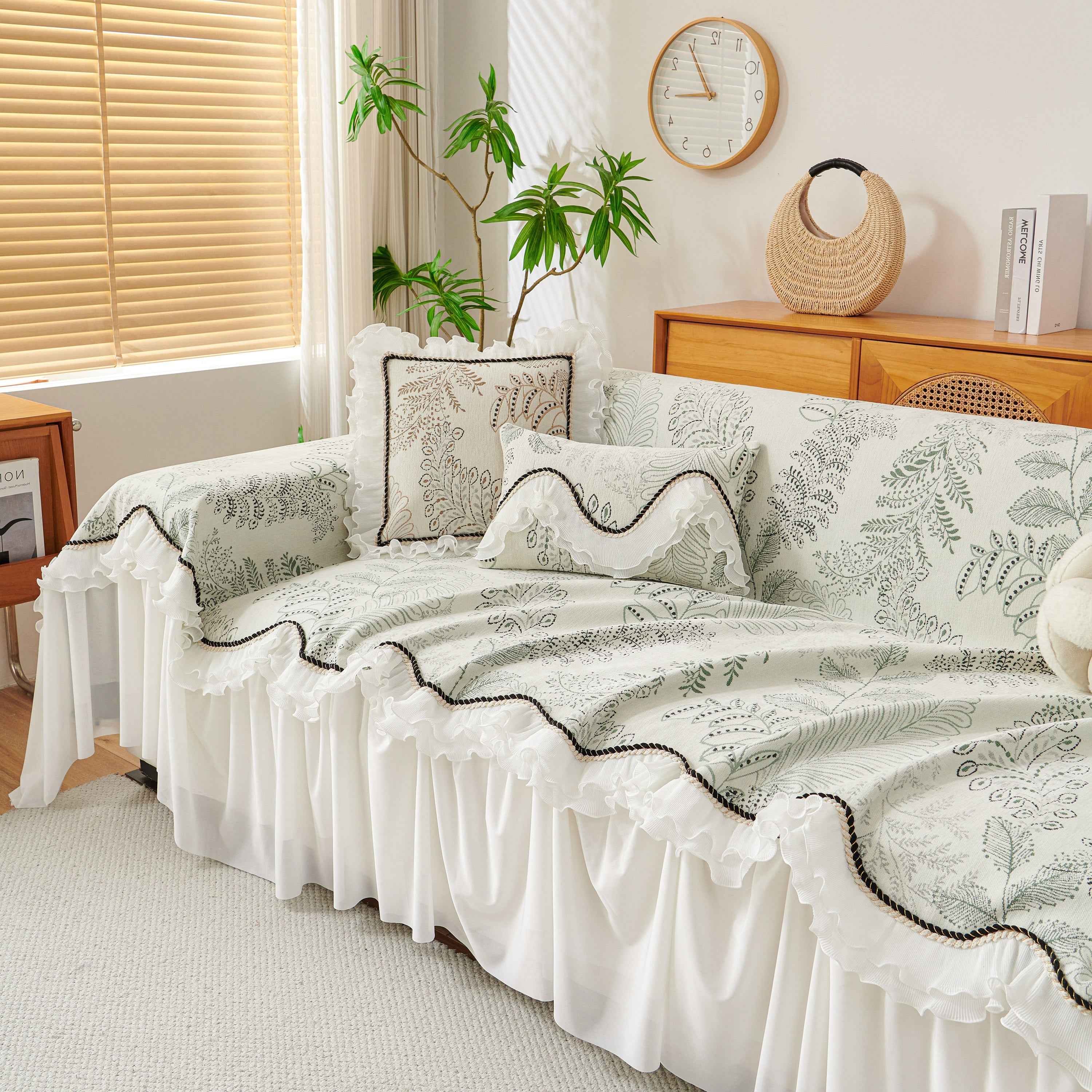Farmhouse Ruffled Lace Sofa Slipcover Vintage Furniture Protector with Botanical Print